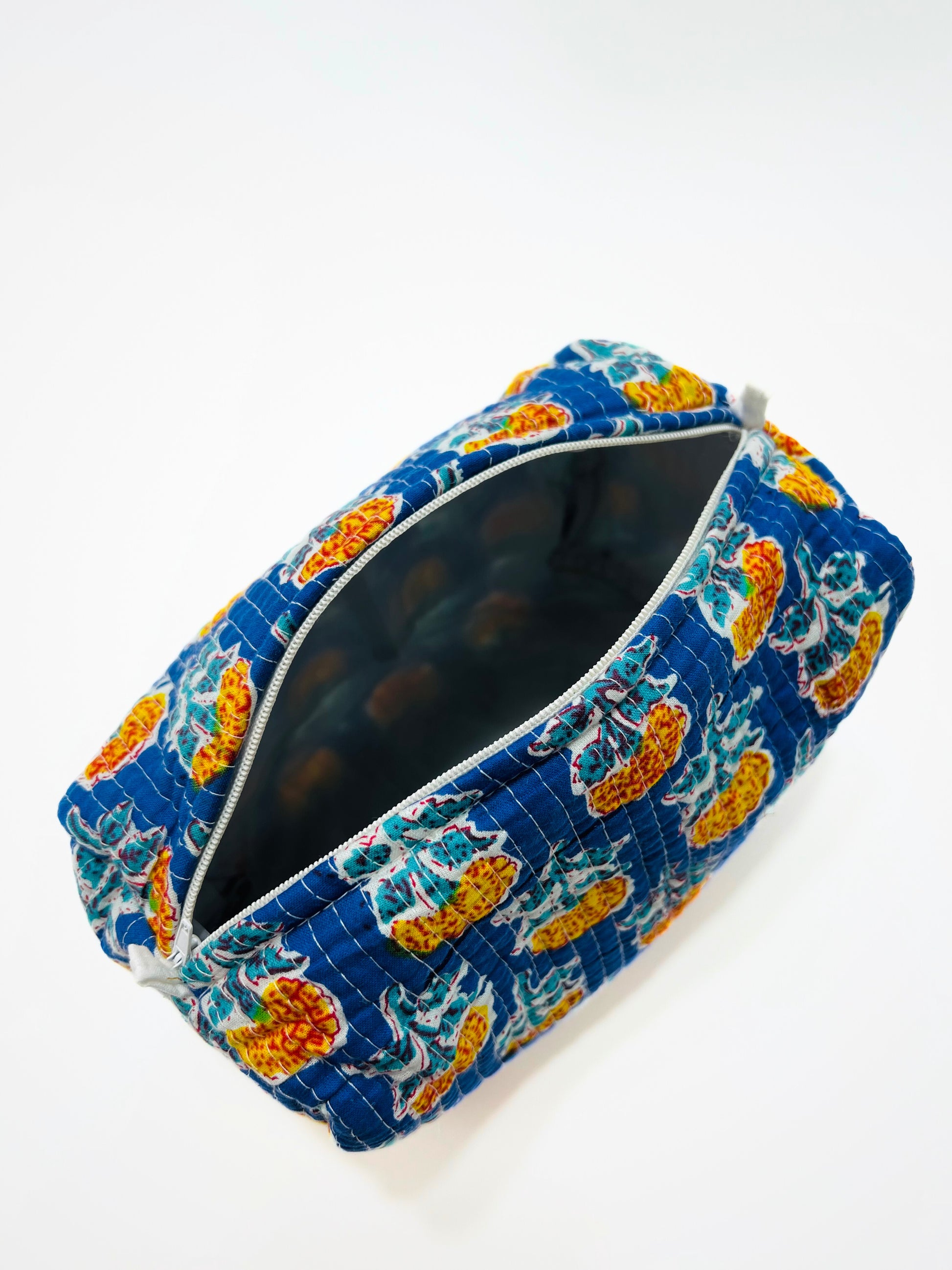 Beauty Case In Cotone Stampato Blu, Printed Cotton Blue Beauty Case