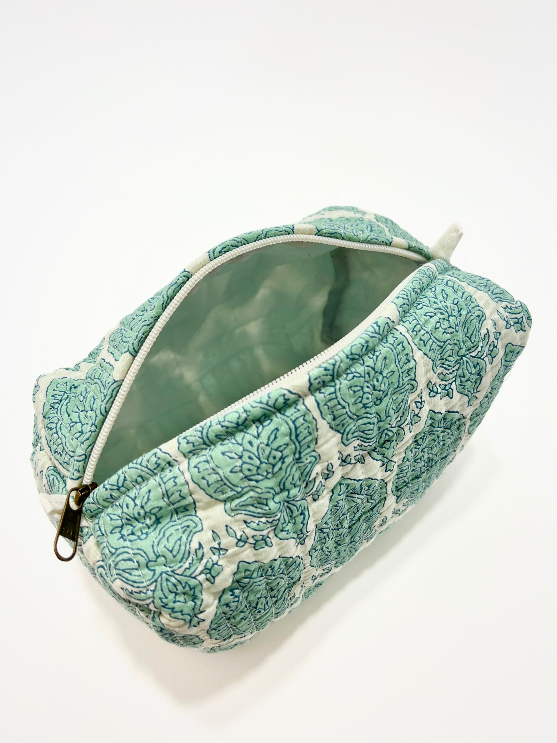 Beauty Case In Cotone Stampato Verde Acqua, Printed Cotton Water Green Beauty Case