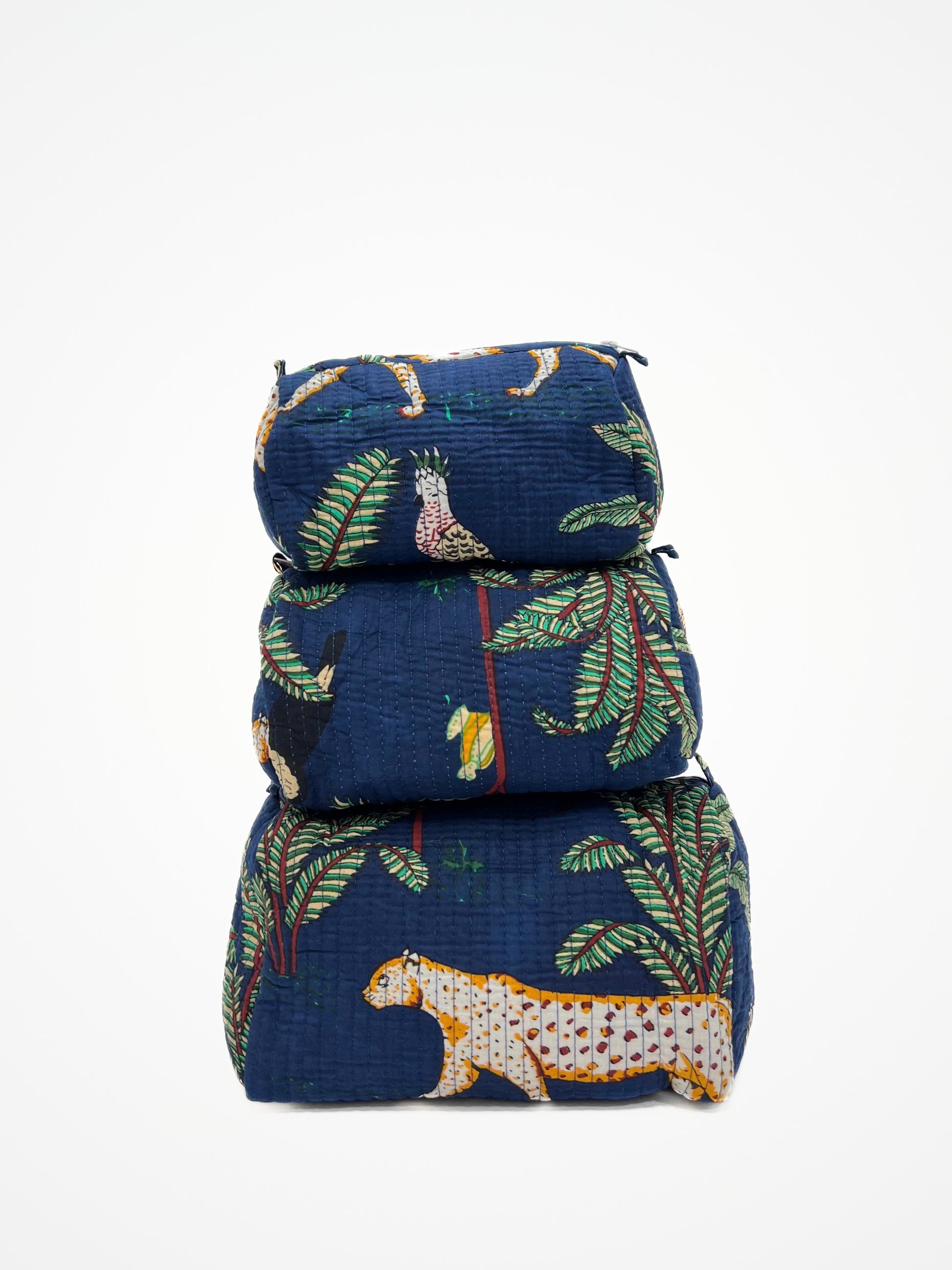 Beauty Case In Cotone Stampa Giungla Tigri Blu, Tiger Print Cotton Blue Beauty Case