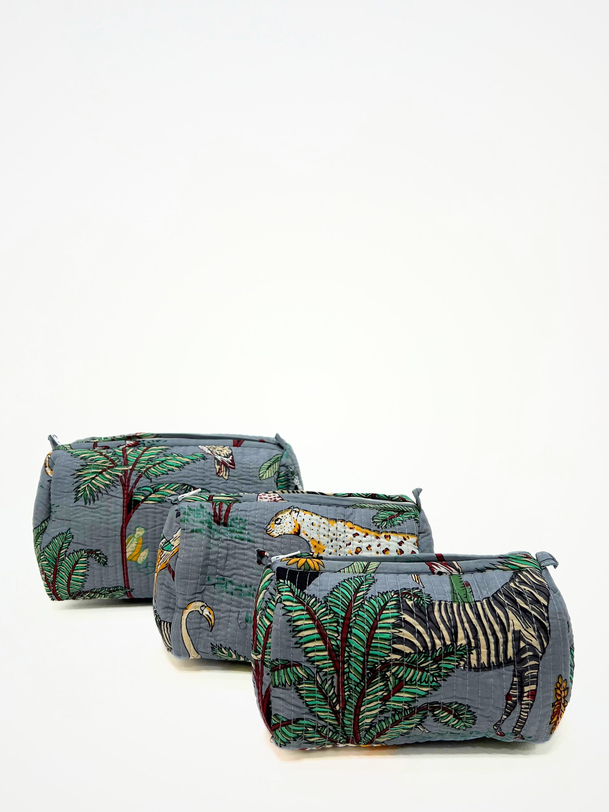 Beauty Case In Cotone Stampa Giungla E Tigri Grigio, Tiger Print Cotton Grey Beauty Case