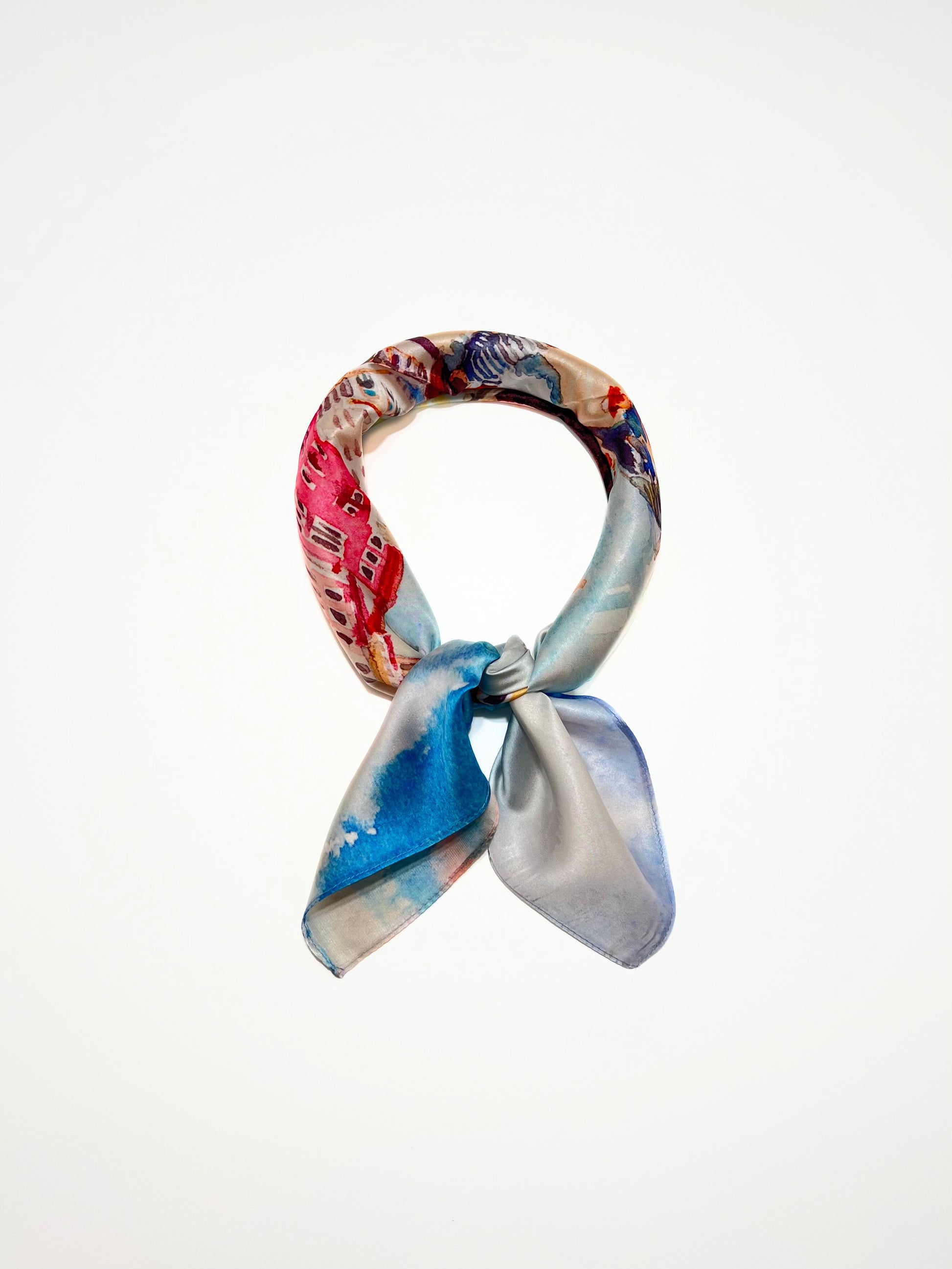Foulard Quadrato Stampato Misto Seta Celeste, Printed Silk Blend Square Foulard Azure