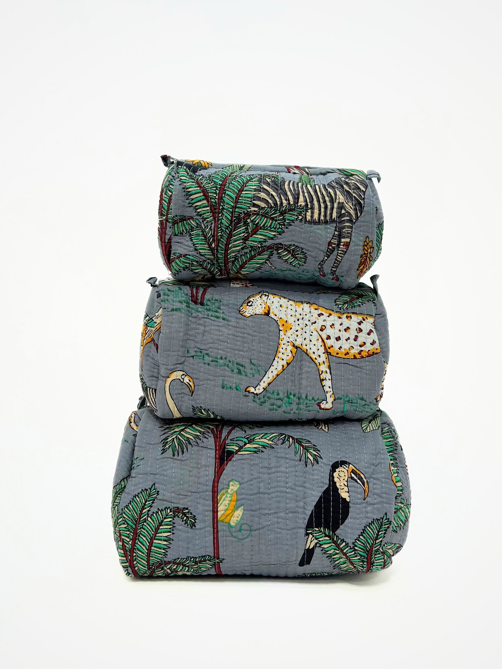 Beauty Case In Cotone Stampa Giungla E Tigri Grigio, Tiger Print Cotton Grey Beauty Case