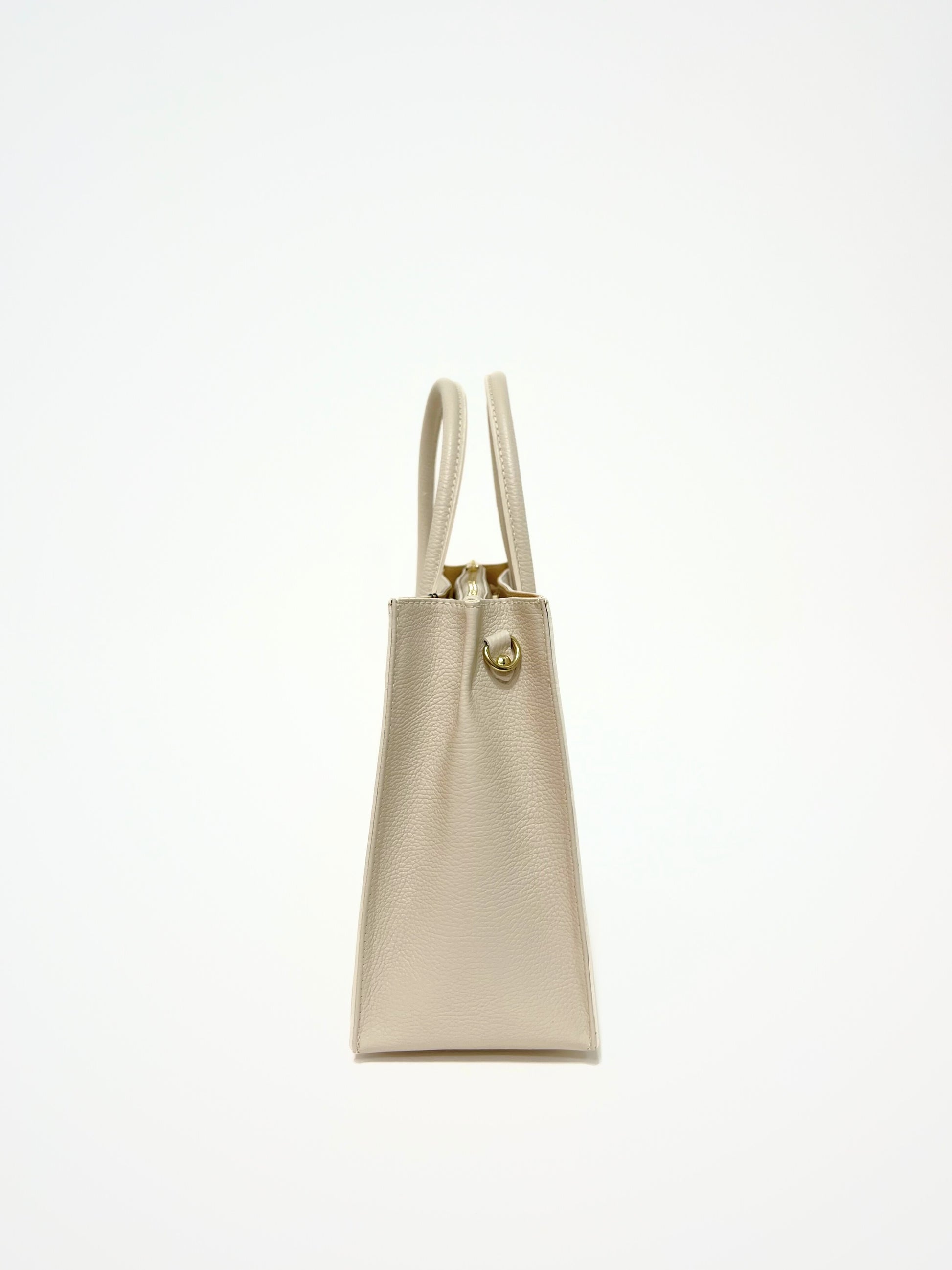 Borsa Tote In Vera Pelle Capiente Avorio, Tote Bag In Leather Off-white