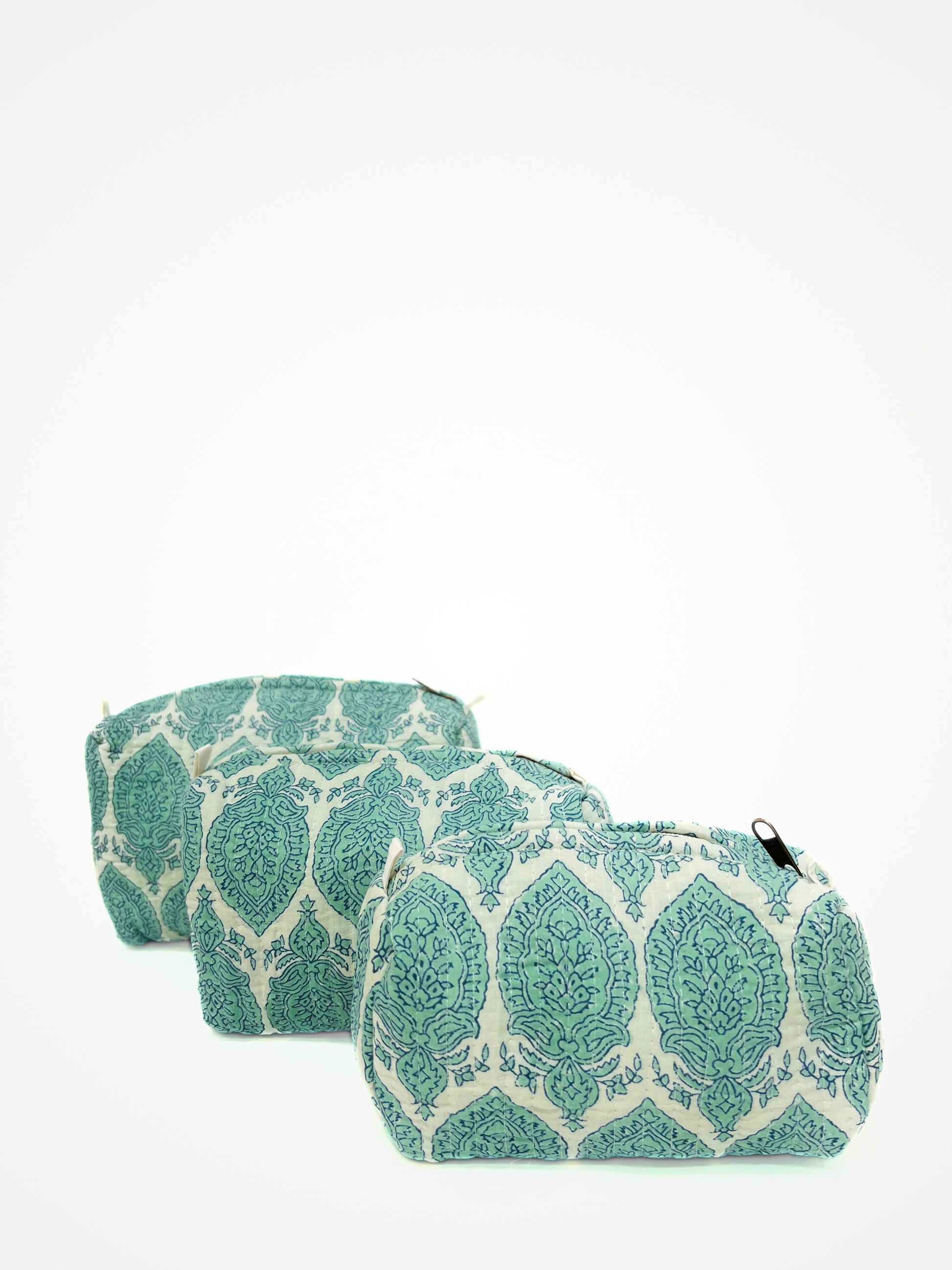 Beauty Case In Cotone Stampato Verde Acqua, Printed Cotton Water Green Beauty Case
