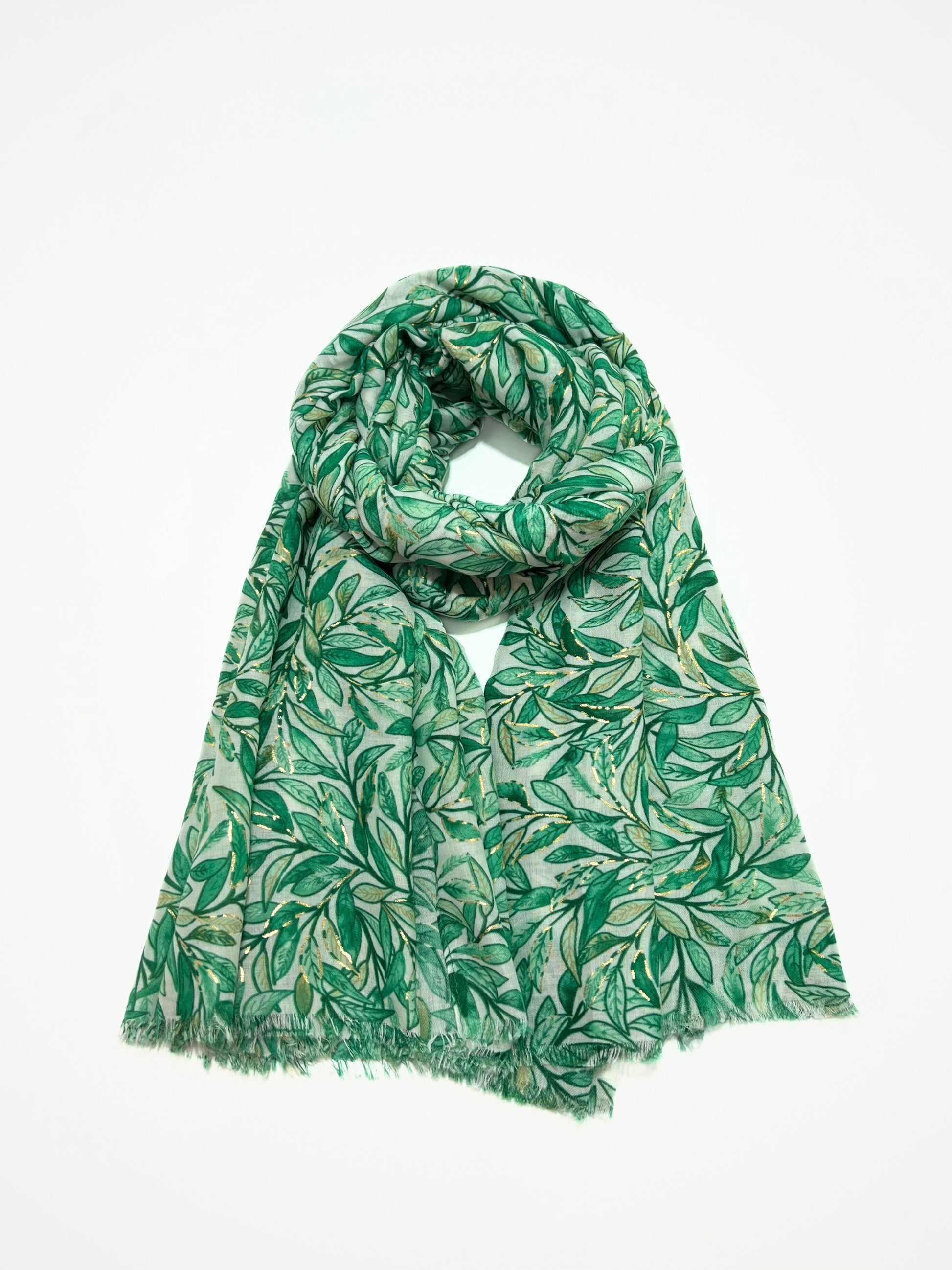 Stola Stampata Lamé Verde, Leaf Print Stole Green