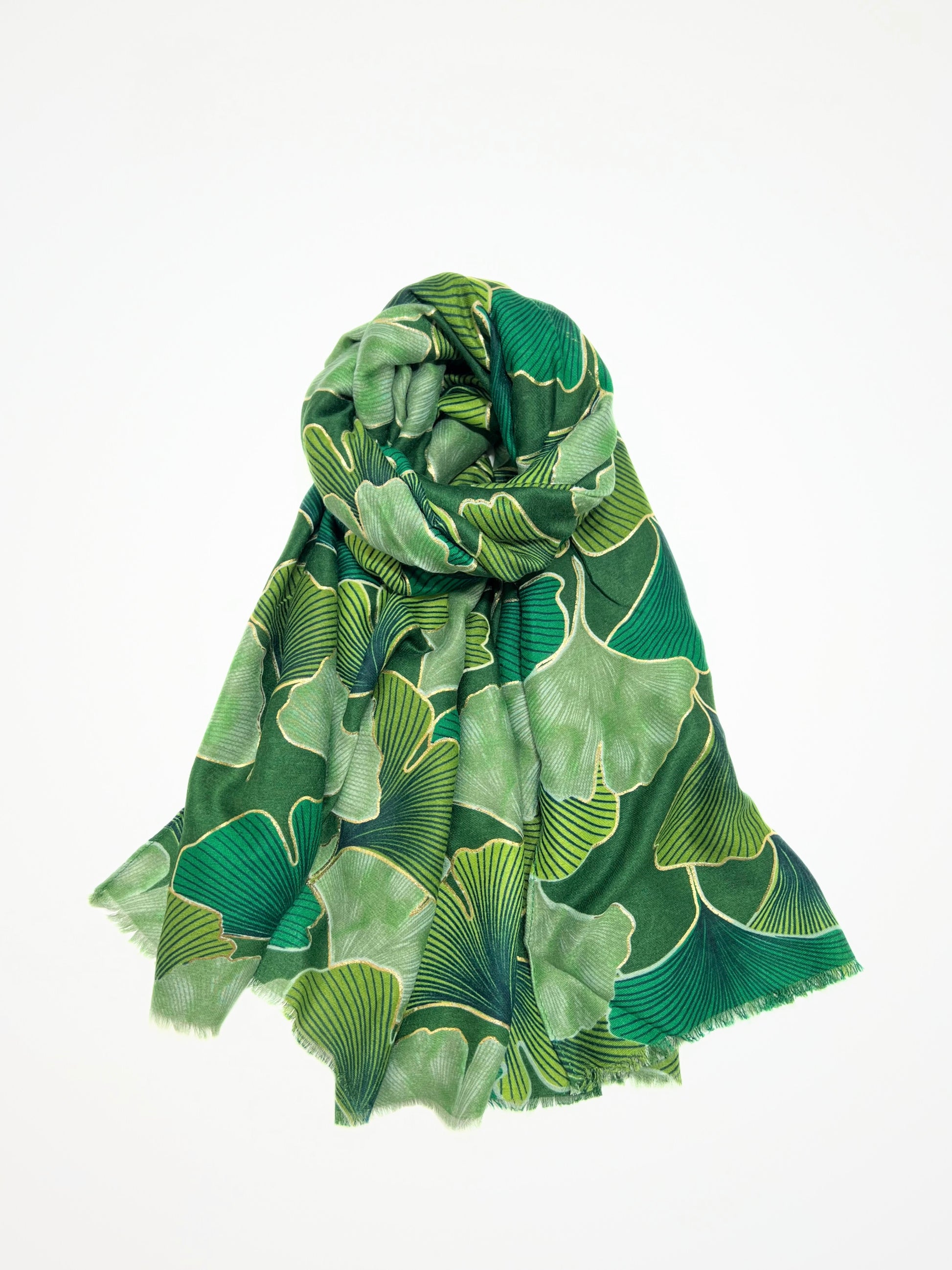Sciarpa Stampa Foglie Di Ginkgo Verde, Printed Scarf Grass Green