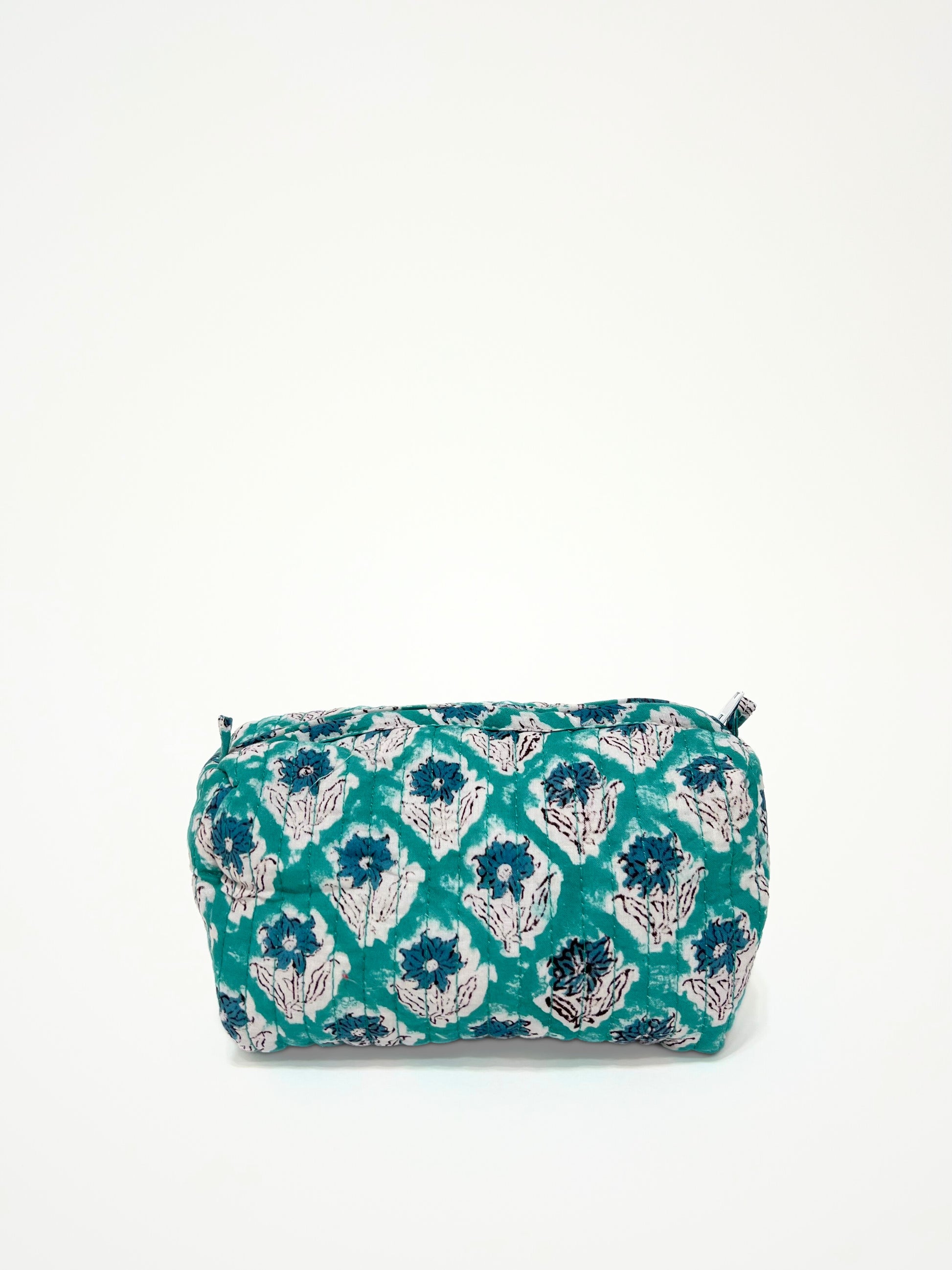 Beauty Case In Cotone Stampato Ottanio, Printed Cotton Teal Beauty Case