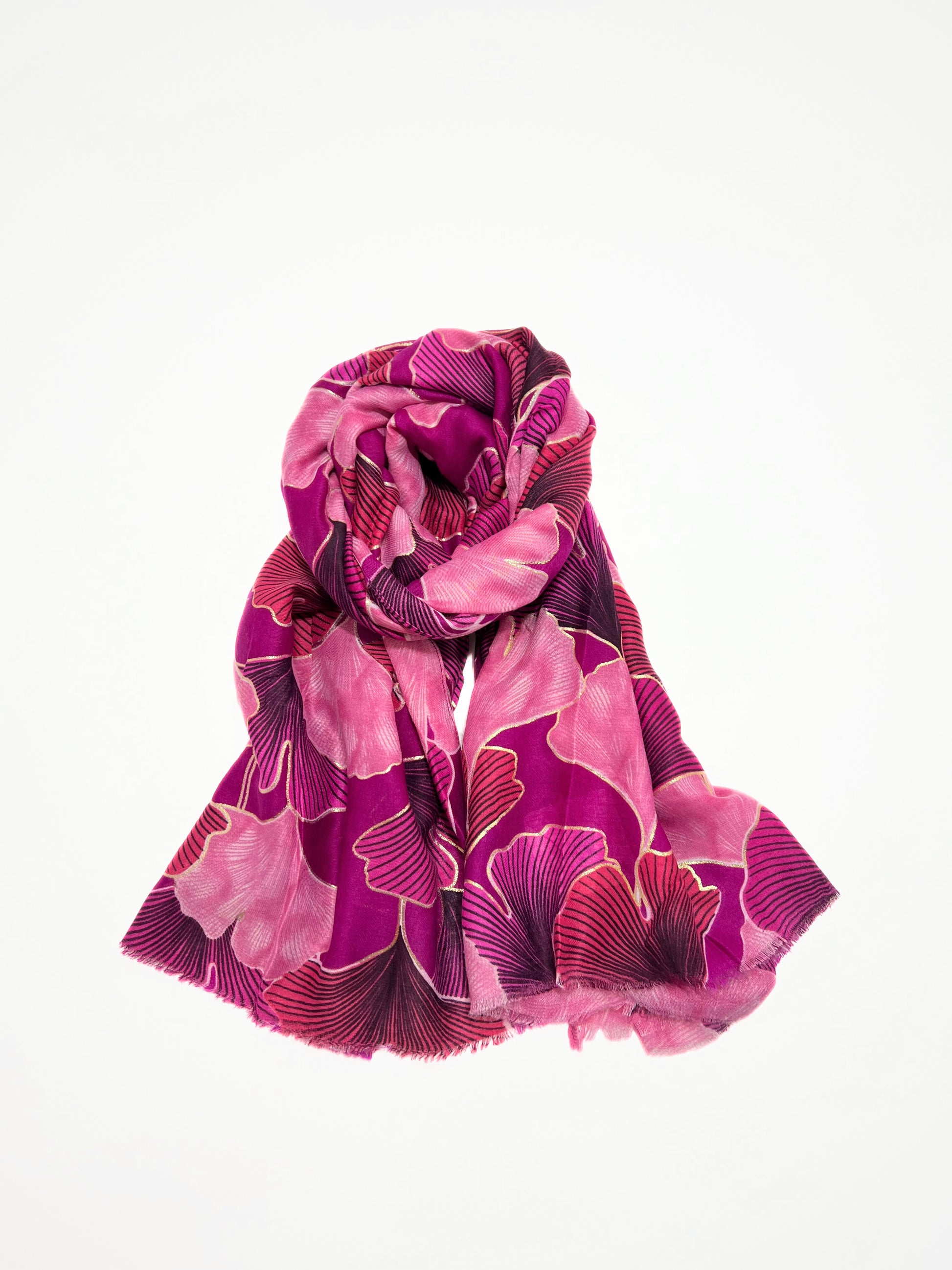 Sciarpa Stampa Foglie Di Ginkgo Magenta, Printed Scarf Magenta