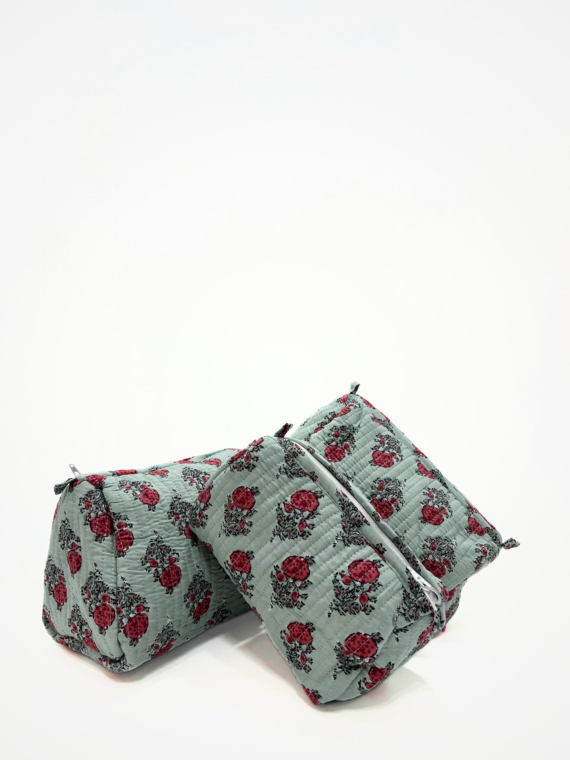 Beauty Case In Cotone Stampato Verde Acqua, Printed Cotton Water Green Beauty Case