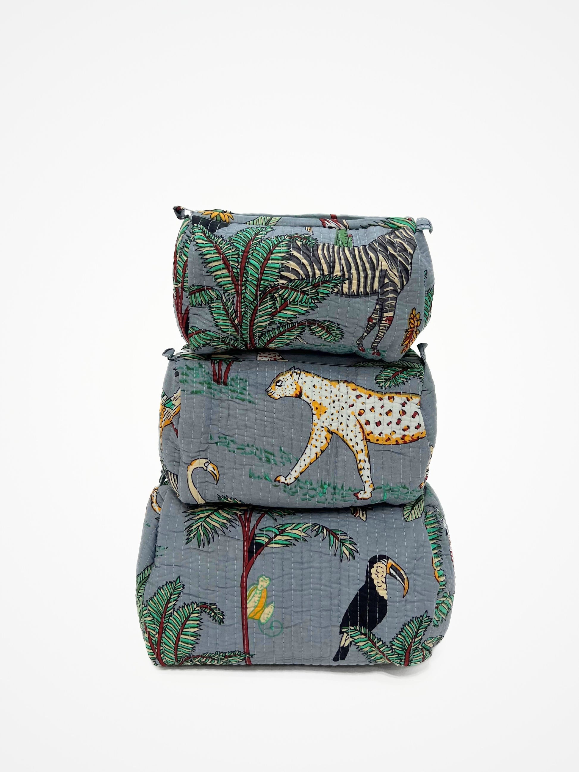 Beauty Case In Cotone Stampa Giungla E Tigri Grigio, Tiger Print Cotton Grey Beauty Case