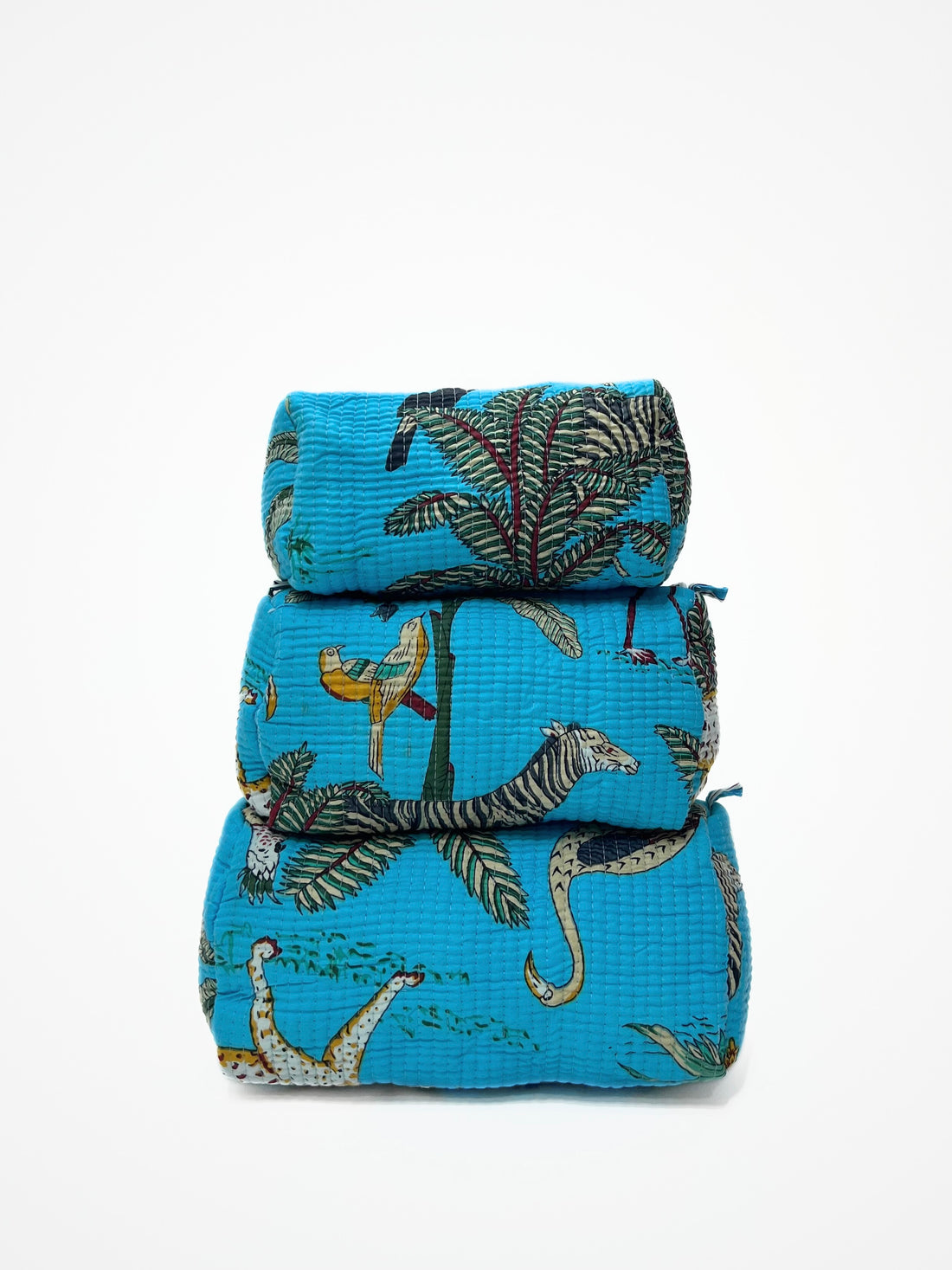 Beauty Case In Cotone Stampa Giungla Azzurro, Tiger Print Cotton Sky Blue Beauty Case