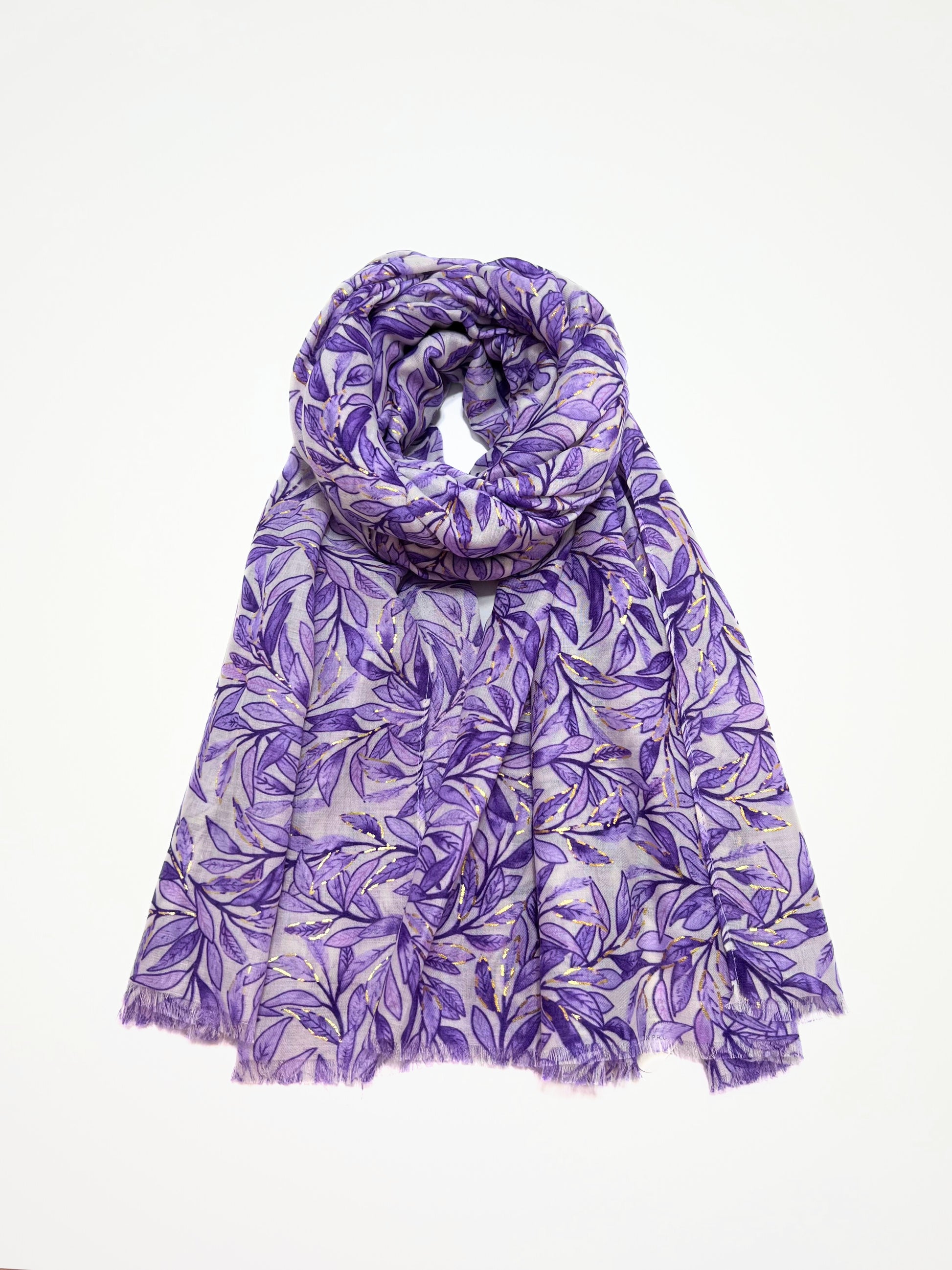 Stola Stampata Lamé Viola, Leaf Print Stole Purple
