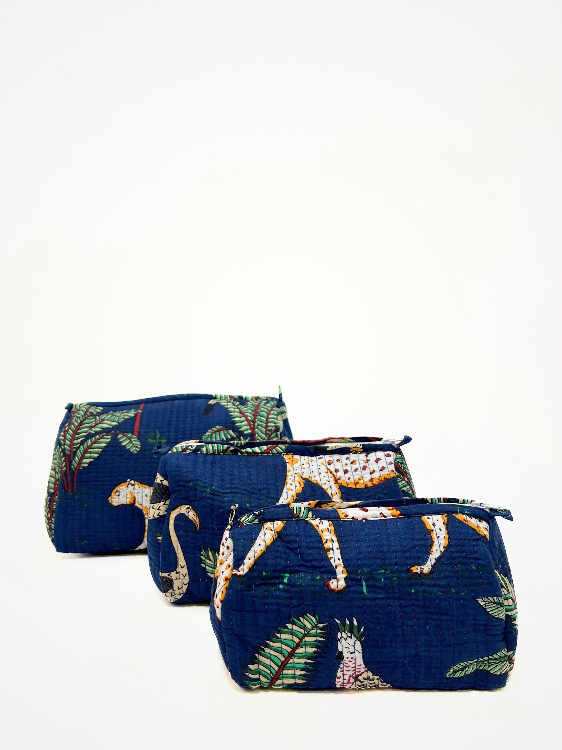 Beauty Case In Cotone Stampa Giungla Tigri Blu, Tiger Print Cotton Blue Beauty Case