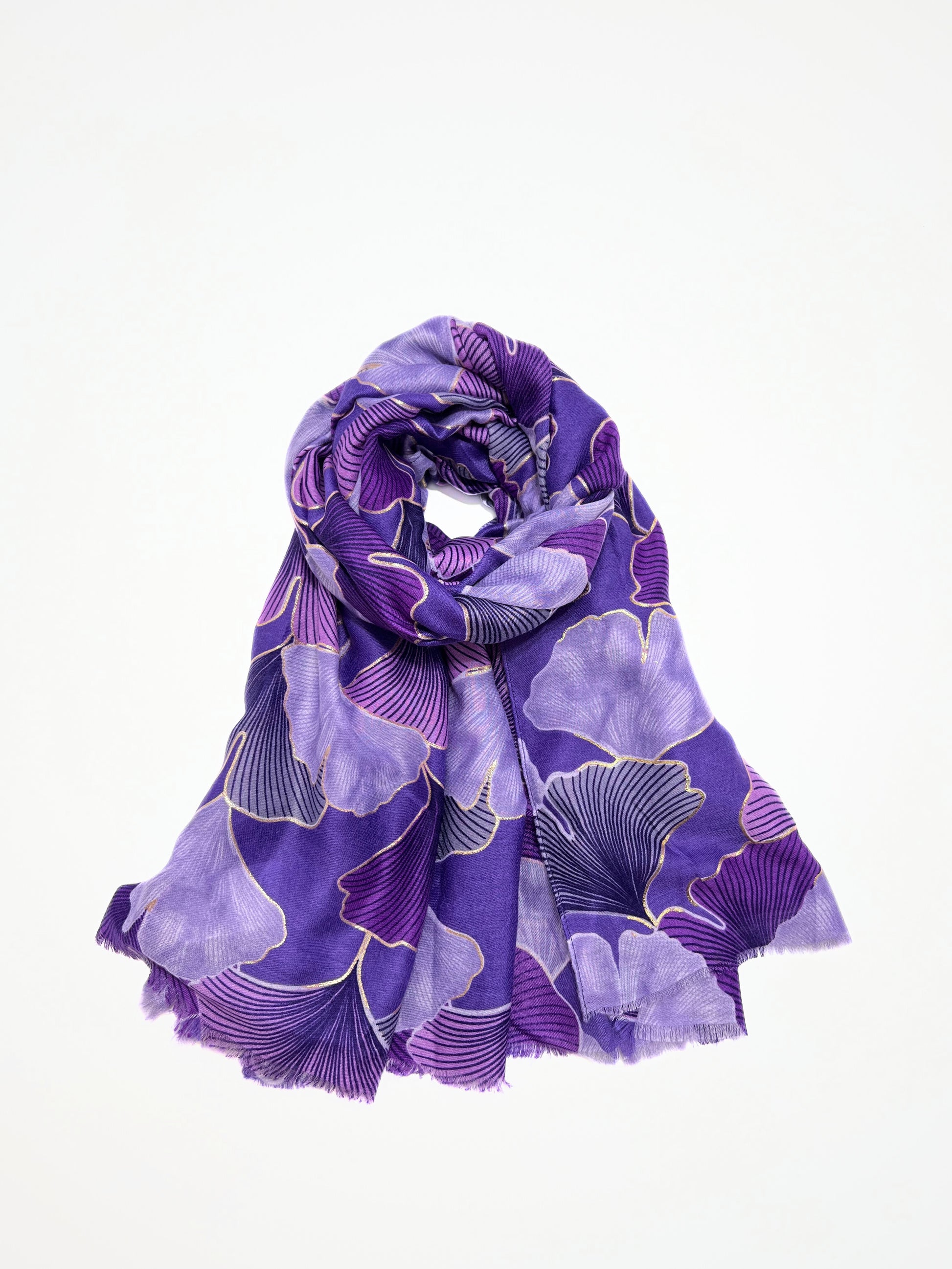 Sciarpa Stampa Foglie Di Ginkgo Violetta, Printed Scarf Violet