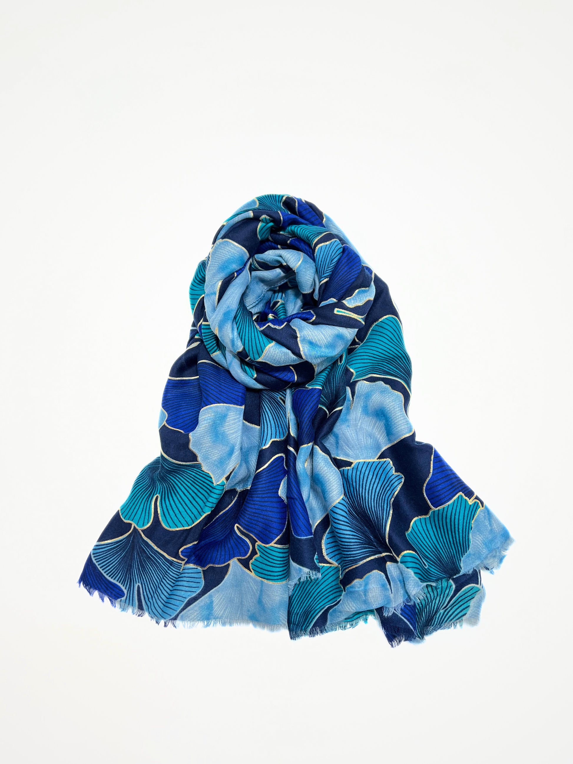 Sciarpa Stampa Foglie Di Ginkgo Blu, Printed Scarf Bright Blue