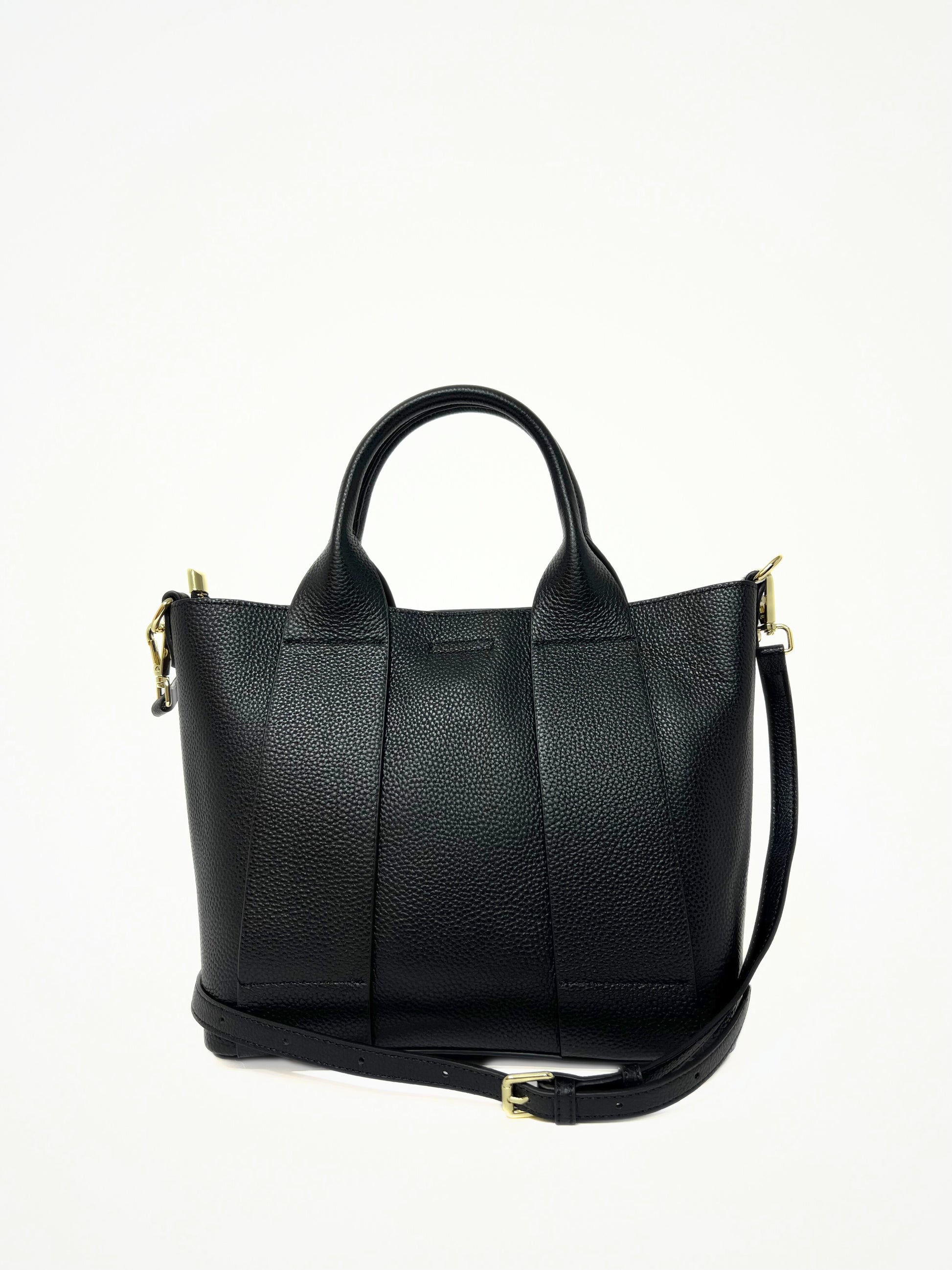 Borsa Midi Tote Nero In Vera Pelle, Black Midi Tote Bag In Leather