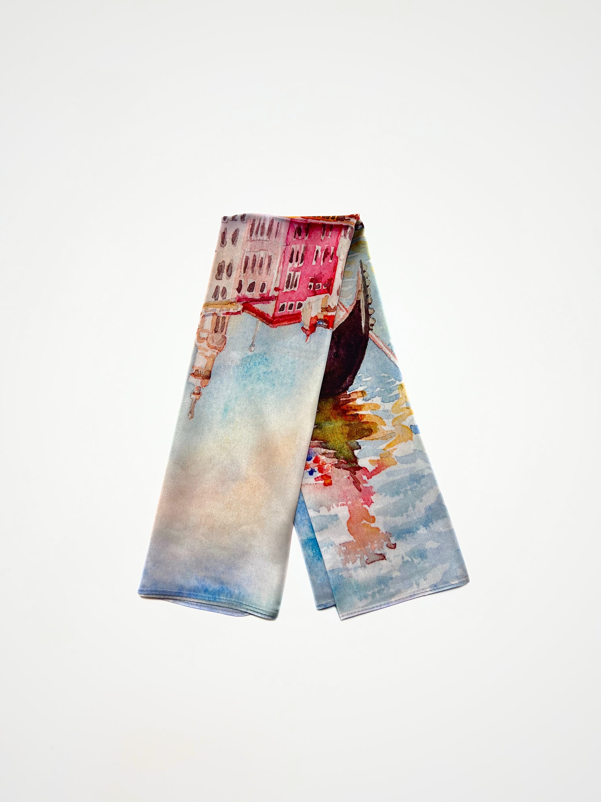 Foulard Quadrato Stampato Misto Seta Celeste, Printed Silk Blend Square Foulard Azure