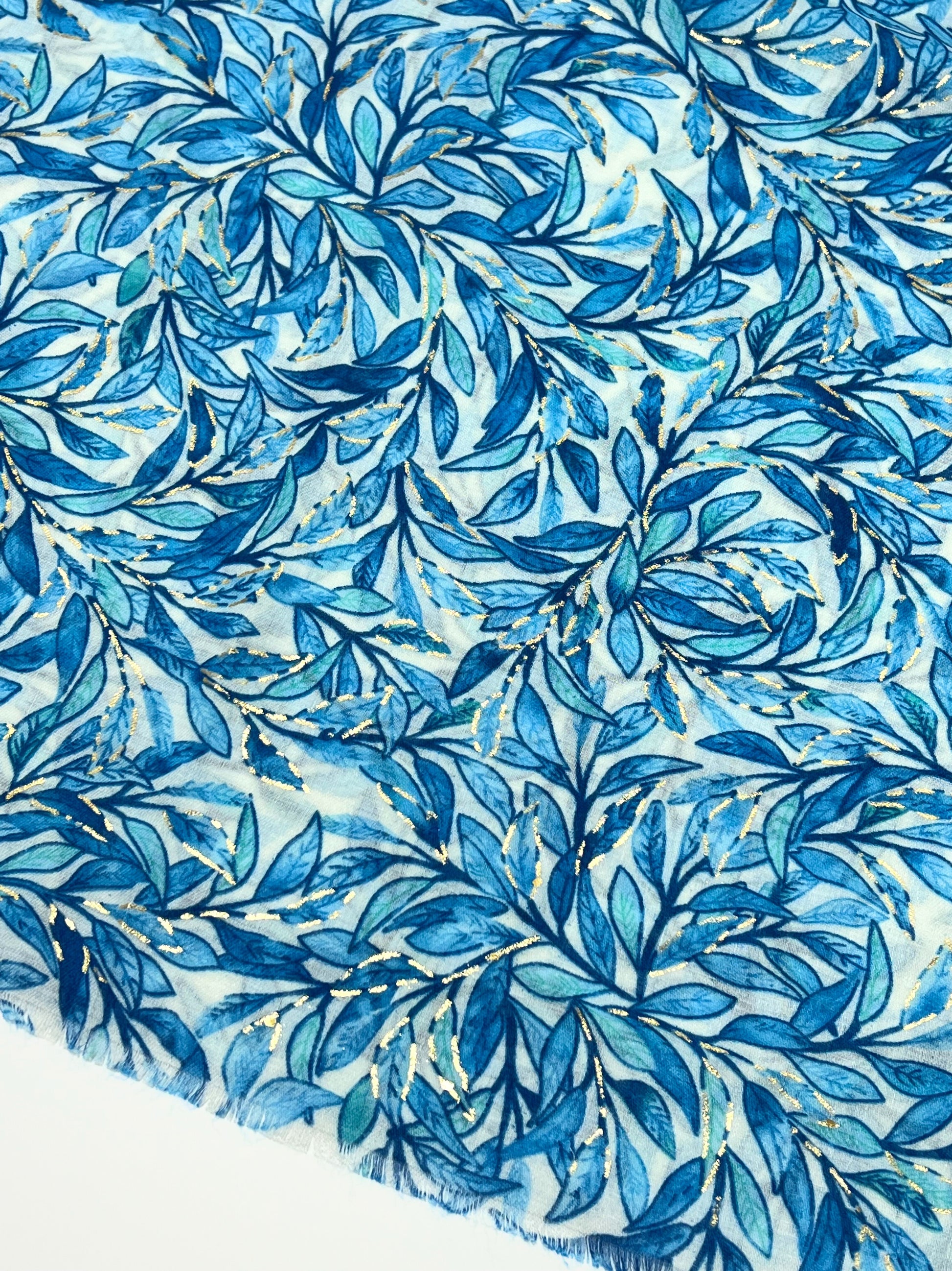Stola Stampata Lamé Azzurro, Leaf Print Stole Sky Blue