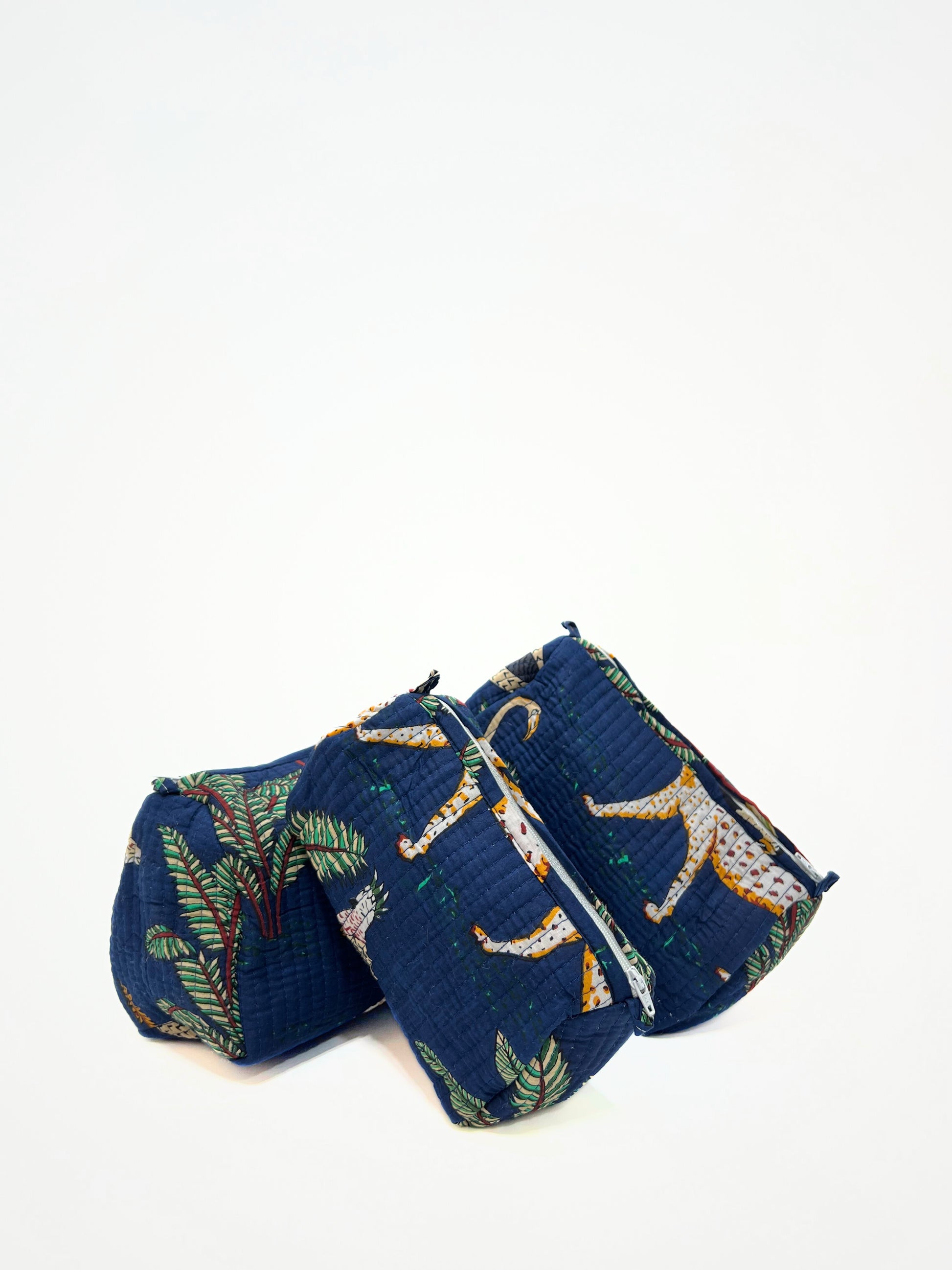 Beauty Case In Cotone Stampa Giungla Tigri Blu, Tiger Print Cotton Blue Beauty Case