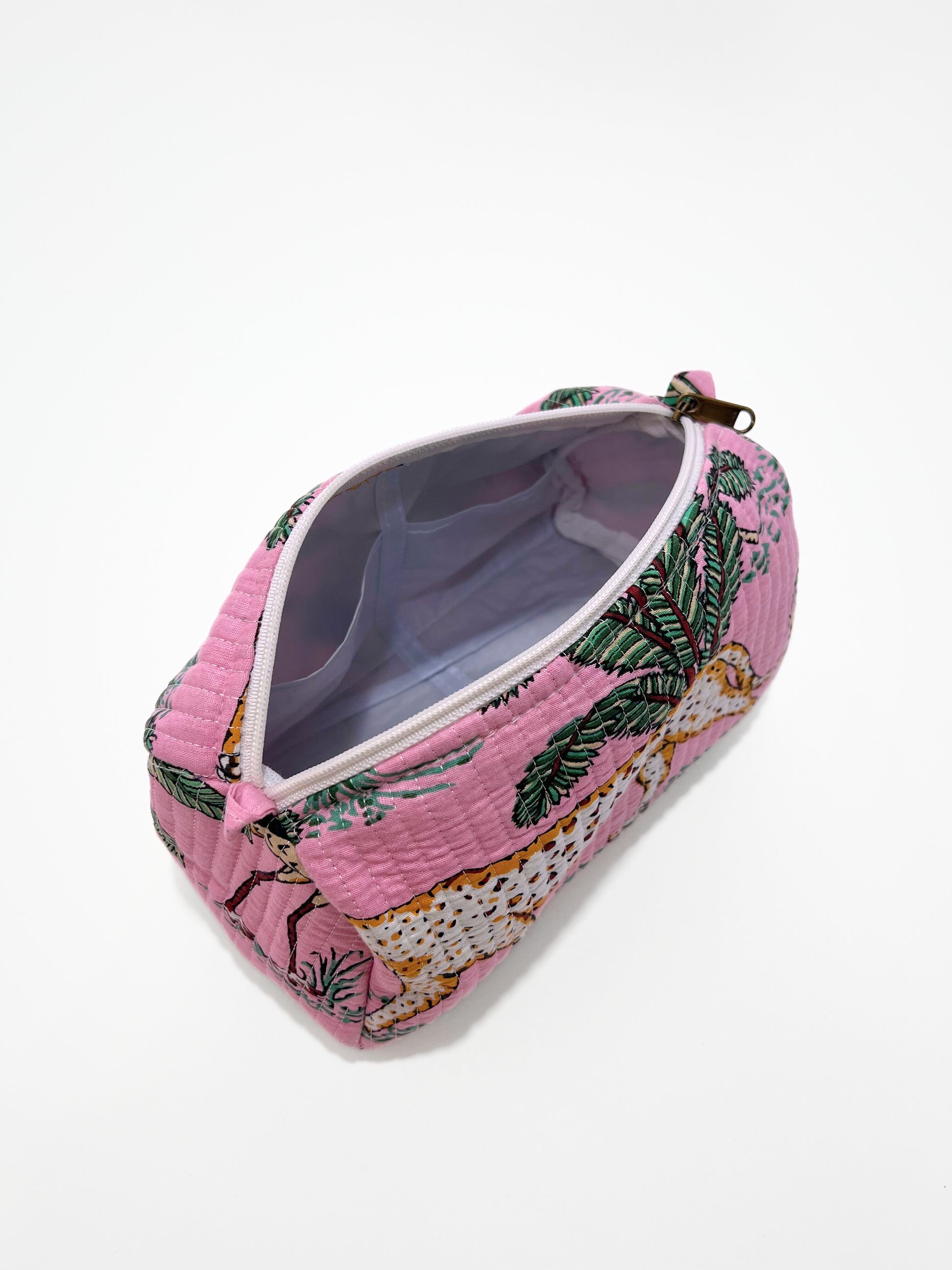 Beauty Case In Cotone Stampa Giungla Tigri Rosa, Tiger Print Cotton Pink Beauty Case