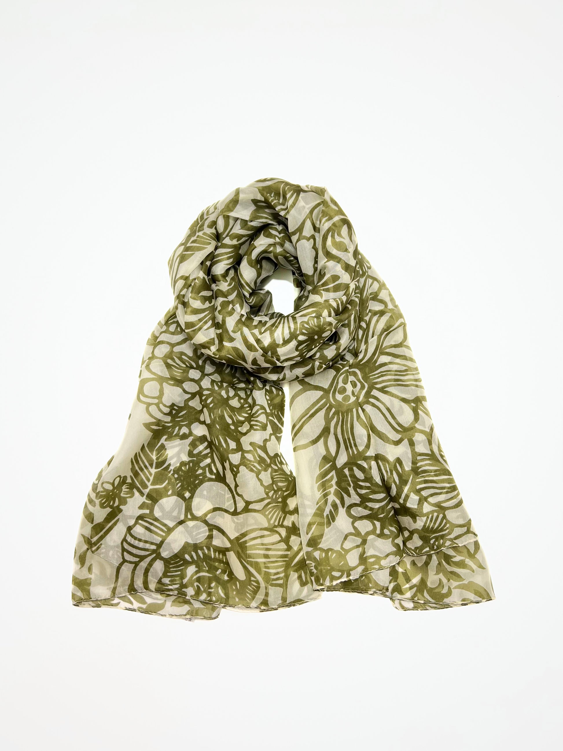 Stola Stampata In Pura Seta Verde Oliva, Printed Silk Stole Olive Green