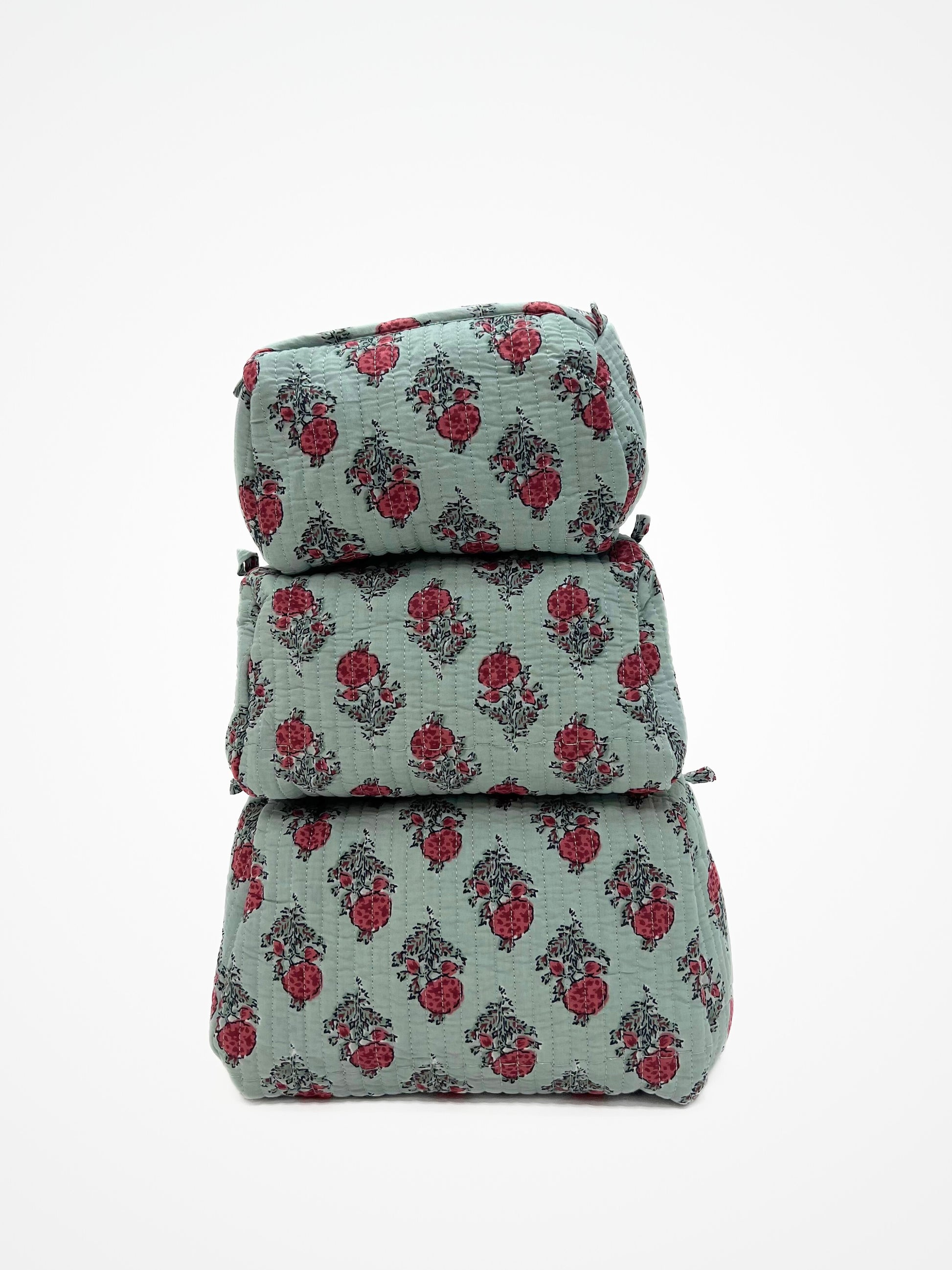 Beauty Case In Cotone Stampato Verde Acqua, Printed Cotton Water Green Beauty Case