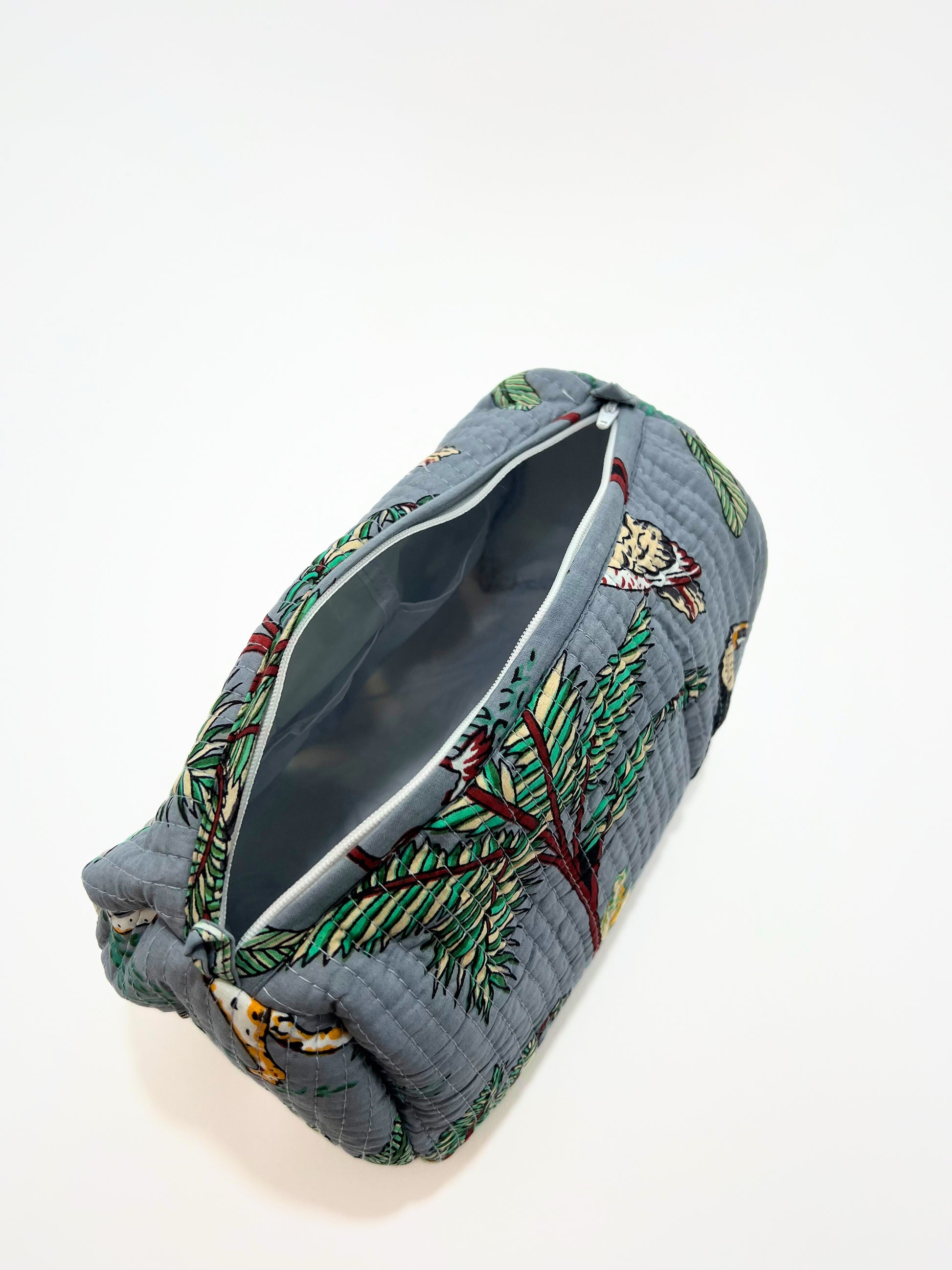 Beauty Case In Cotone Stampa Giungla E Tigri Grigio, Tiger Print Cotton Grey Beauty Case
