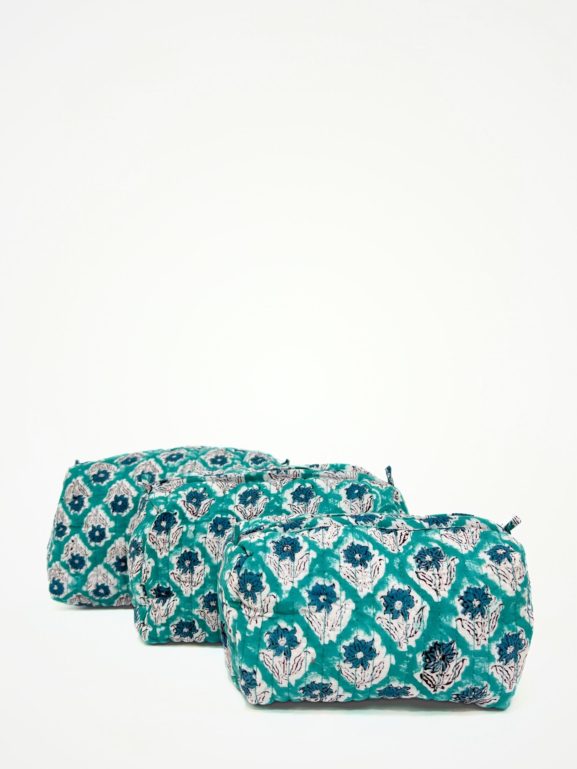 Beauty Case In Cotone Stampato Ottanio, Printed Cotton Teal Beauty Case
