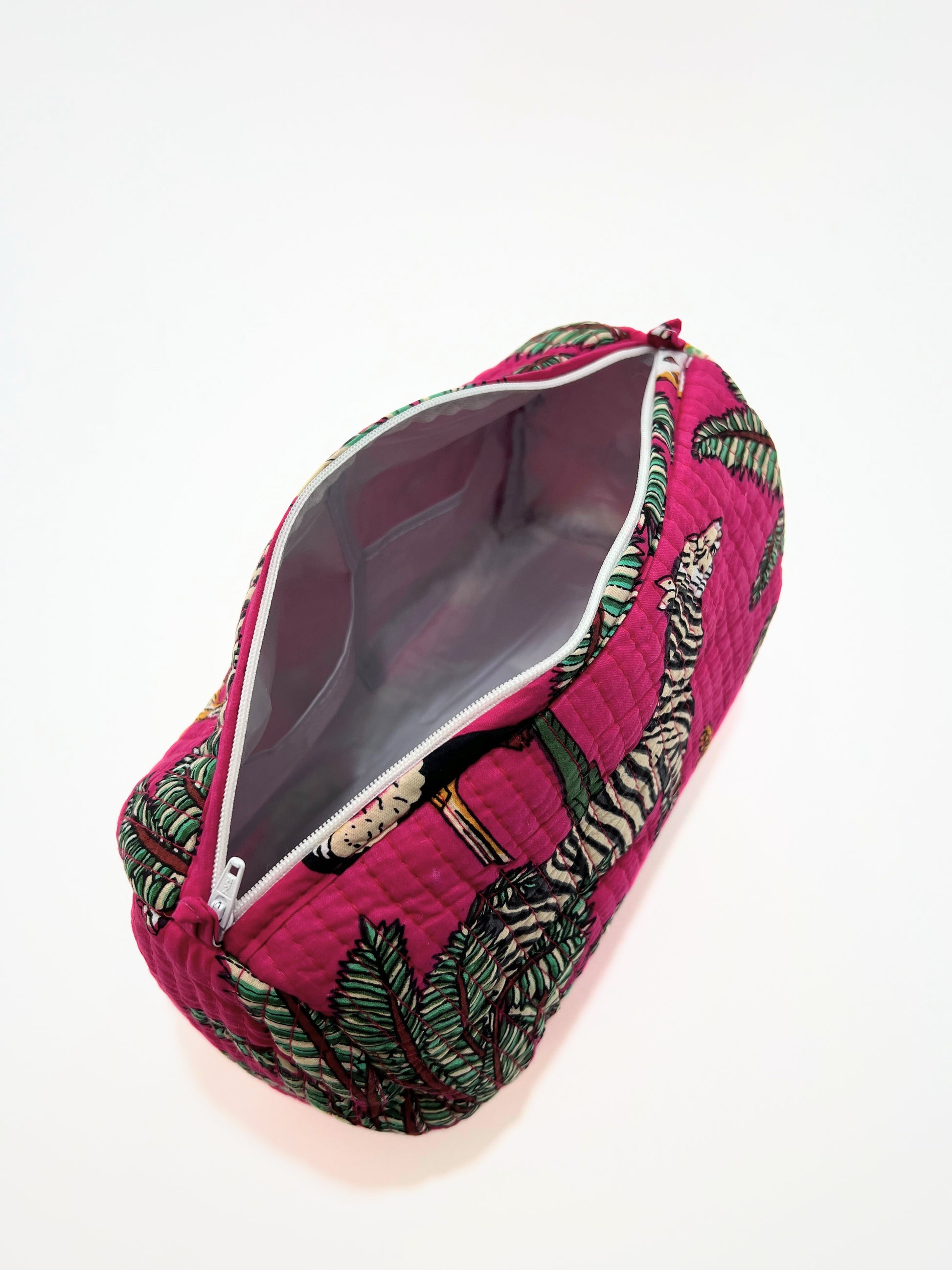 Beauty Case In Cotone Stampa Giungla E Tigri Magenta, Tiger Print Cotton Magenta Beauty Case