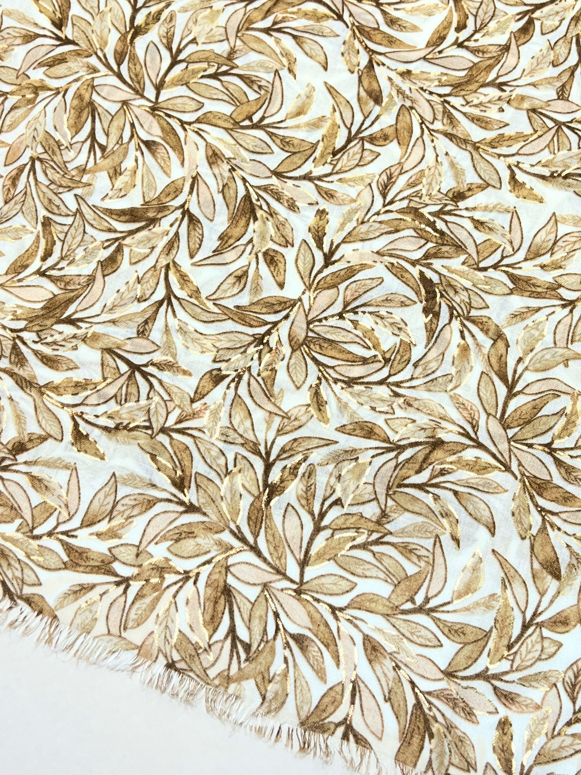 Stola Stampata Lamé Cammello, Leaf Print Stole Camel