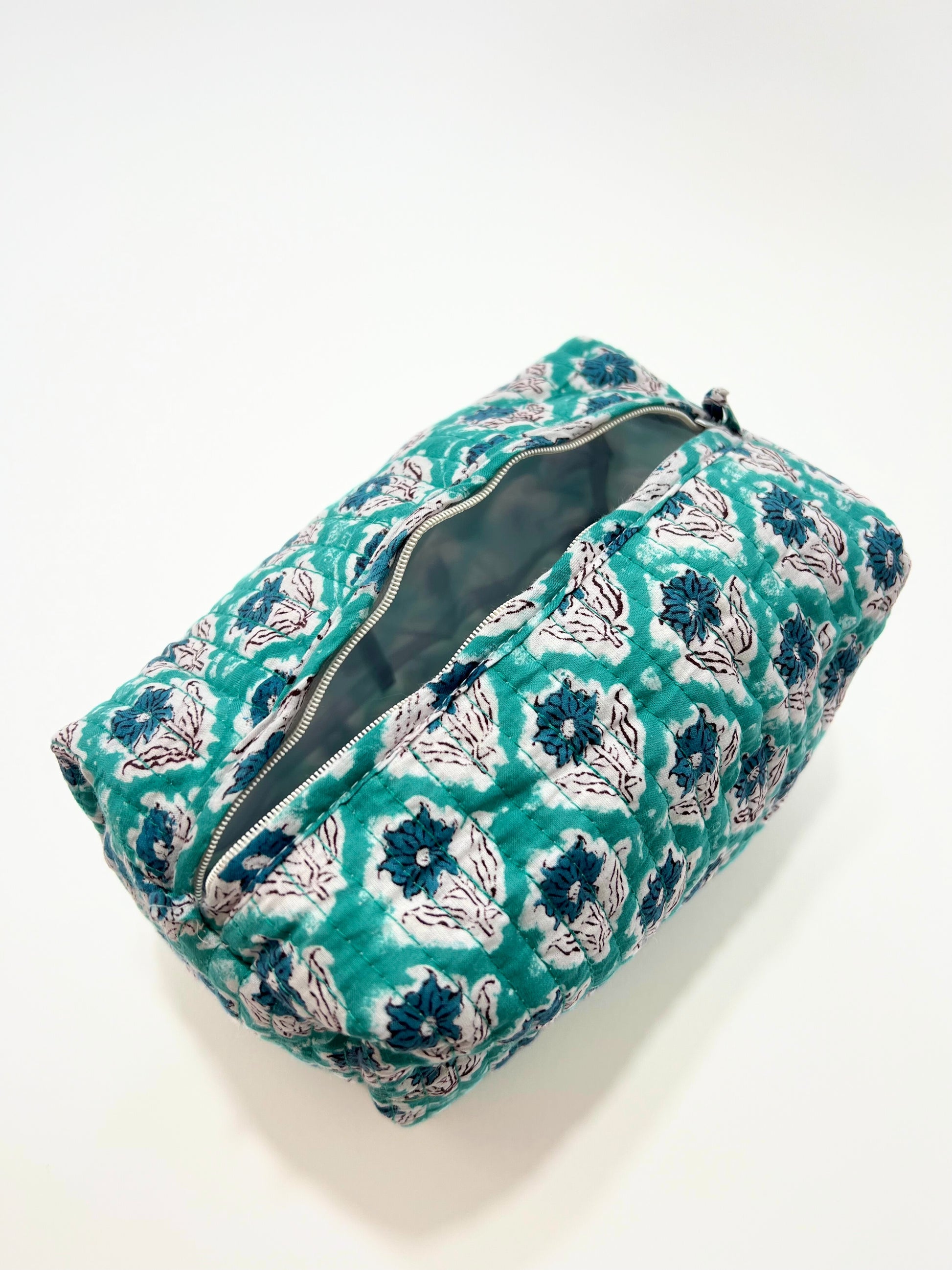 Beauty Case In Cotone Stampato Ottanio, Printed Cotton Teal Beauty Case