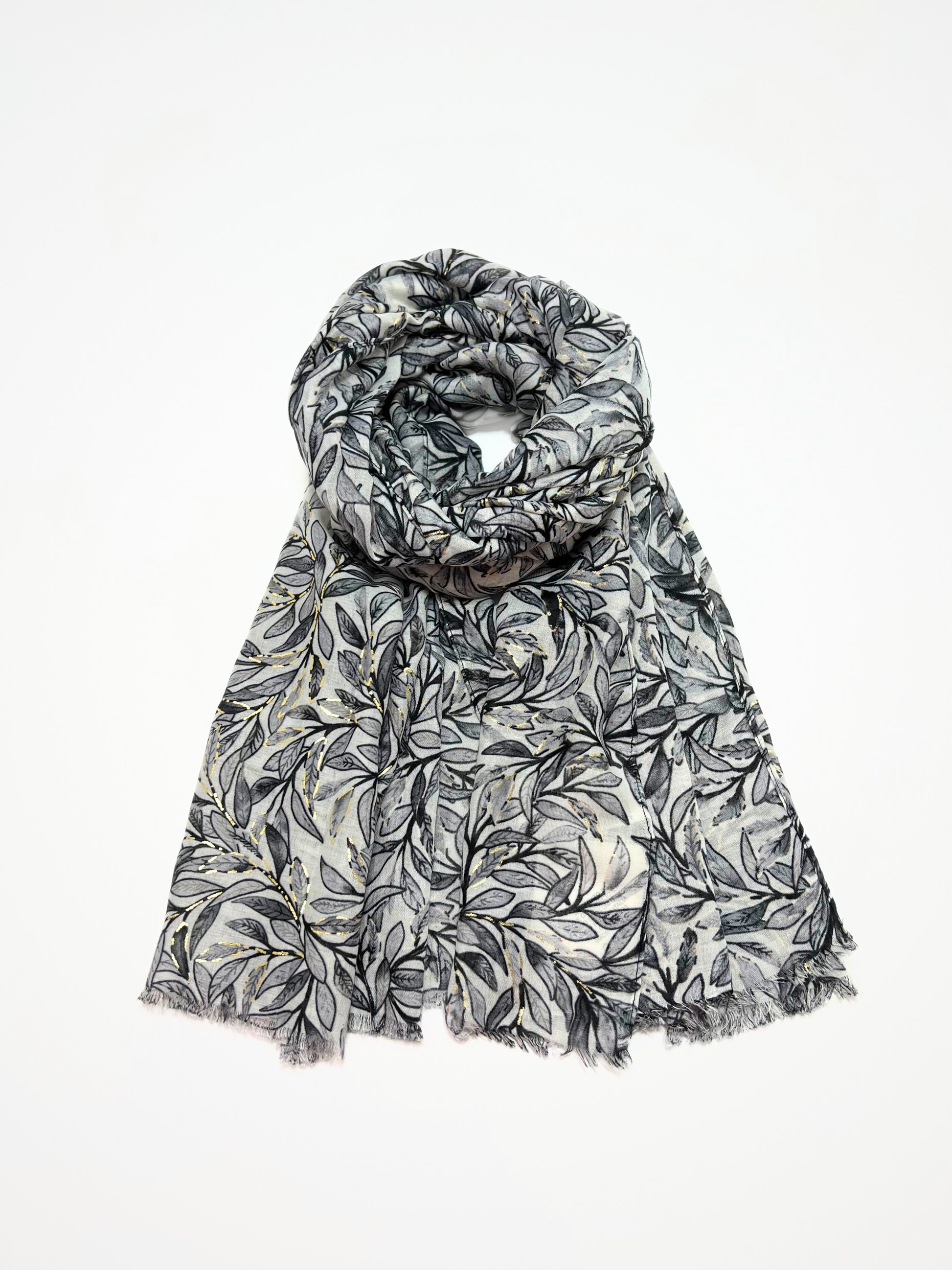 Stola Stampata Lamé Nero, Leaf Print Stole Black