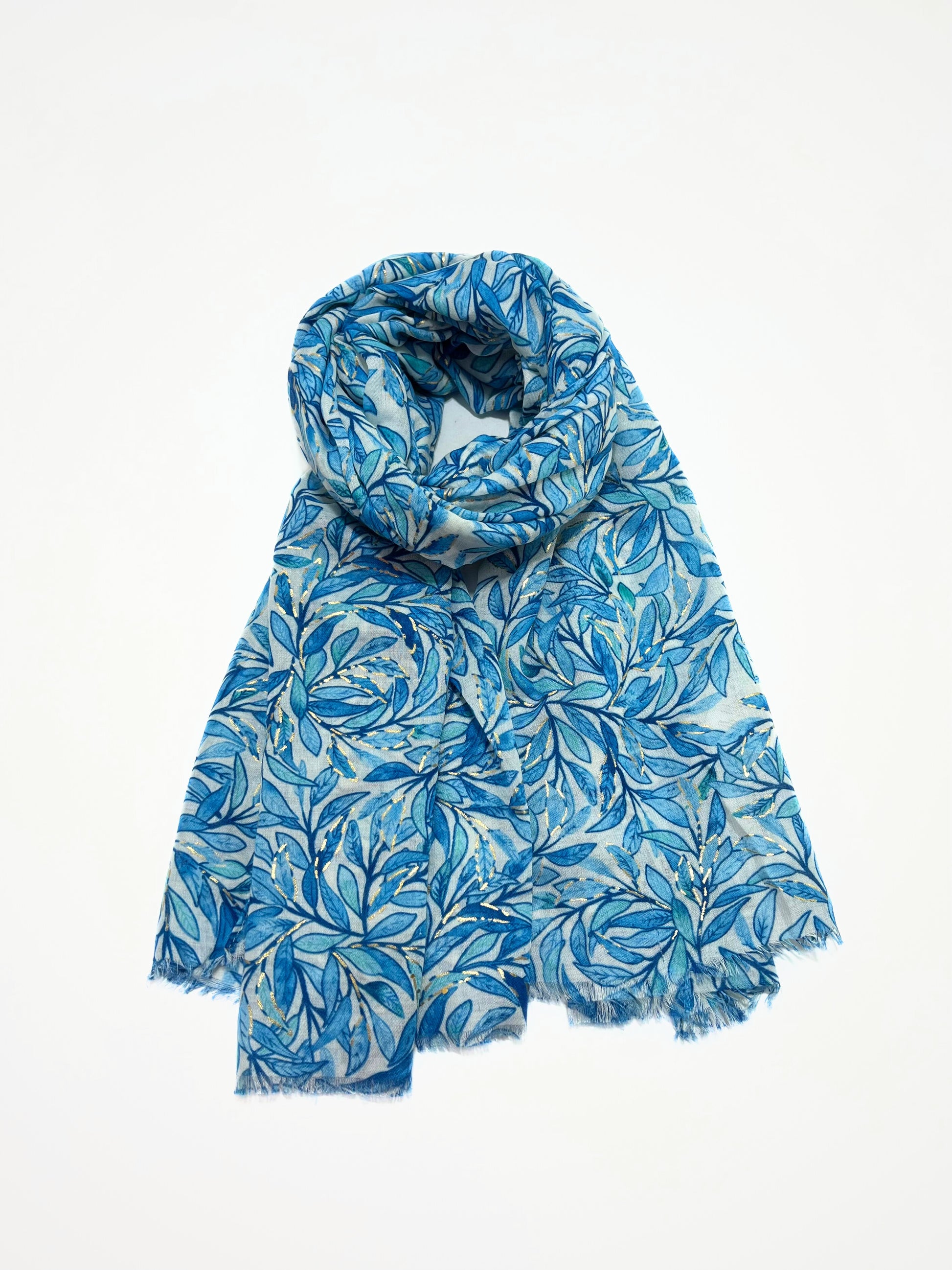 Stola Stampata Lamé Azzurro, Leaf Print Stole Sky Blue
