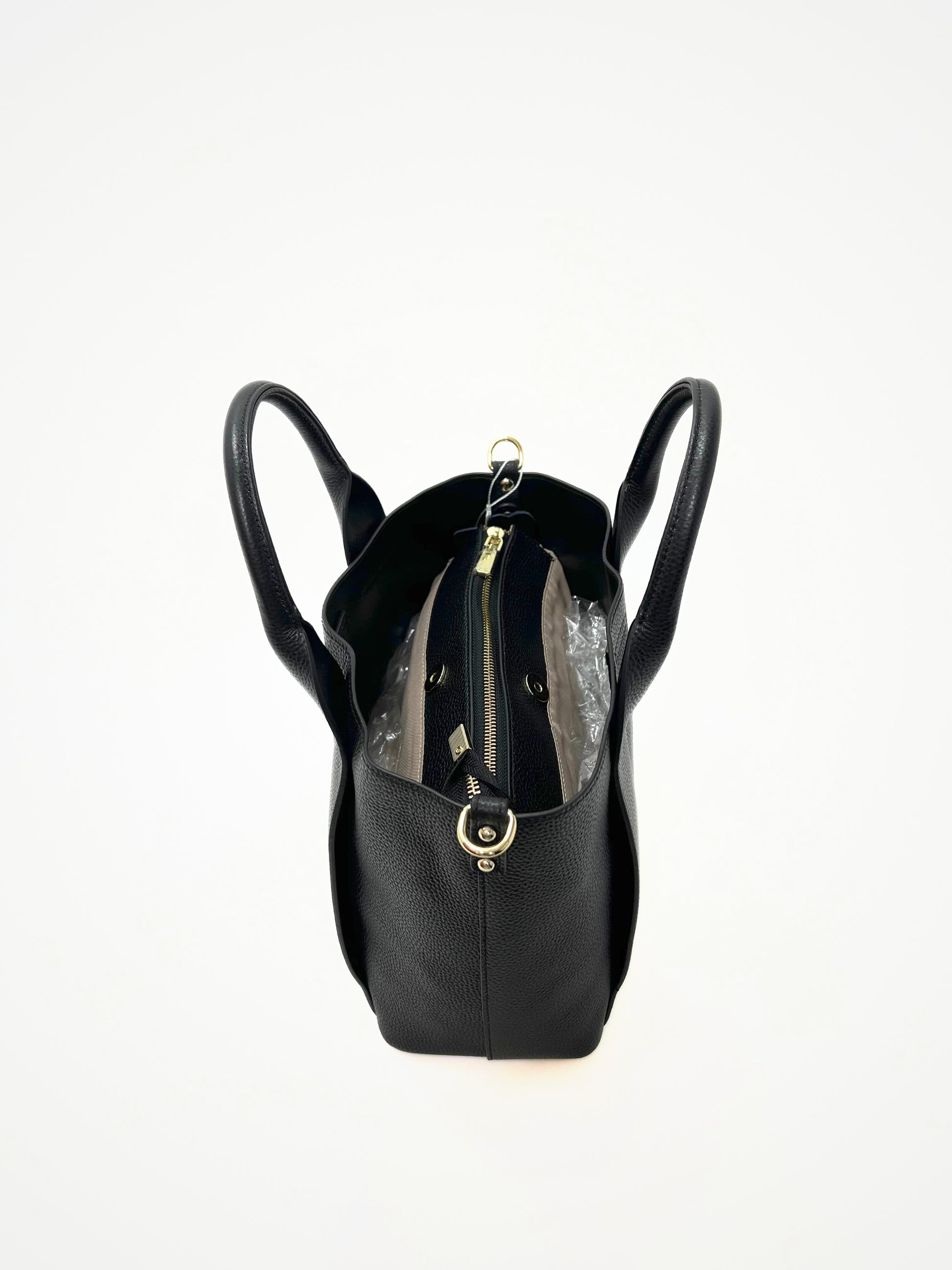 Borsa Midi Tote Nero In Vera Pelle, Black Midi Tote Bag In Leather