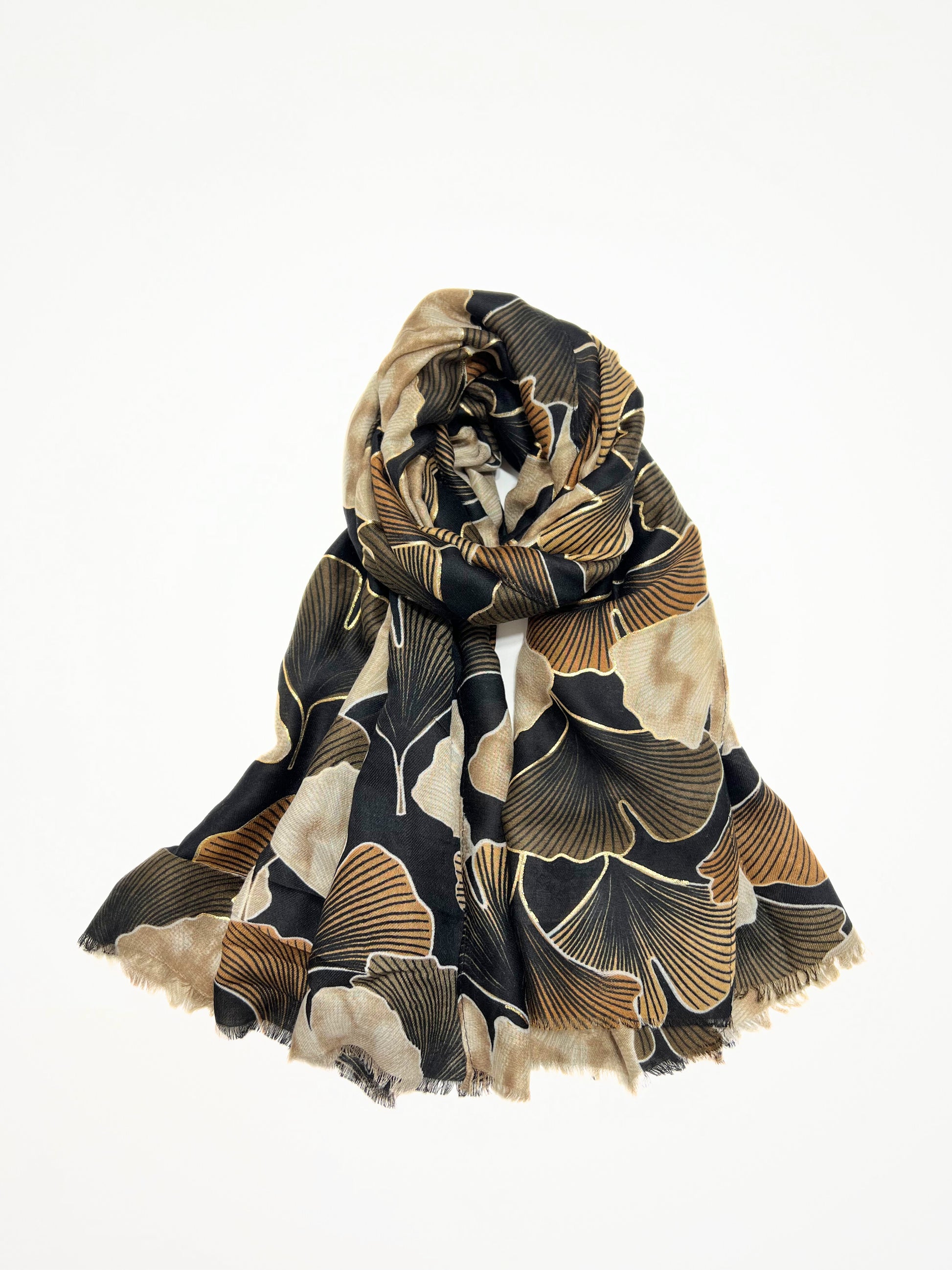 Sciarpa Stampa Foglie Di Ginkgo Nero, Printed Scarf Black