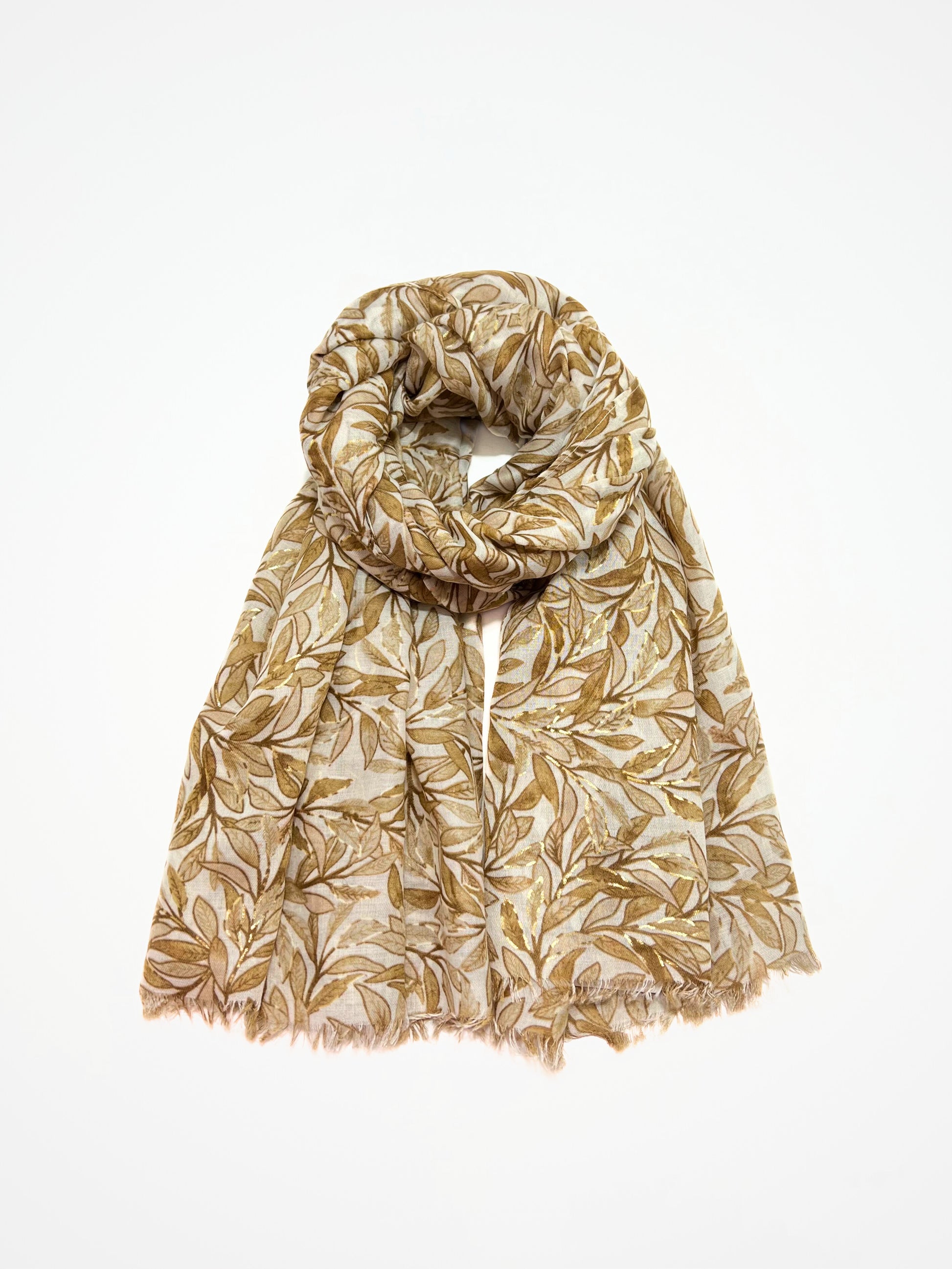 Stola Stampata Lamé Cammello, Leaf Print Stole Camel
