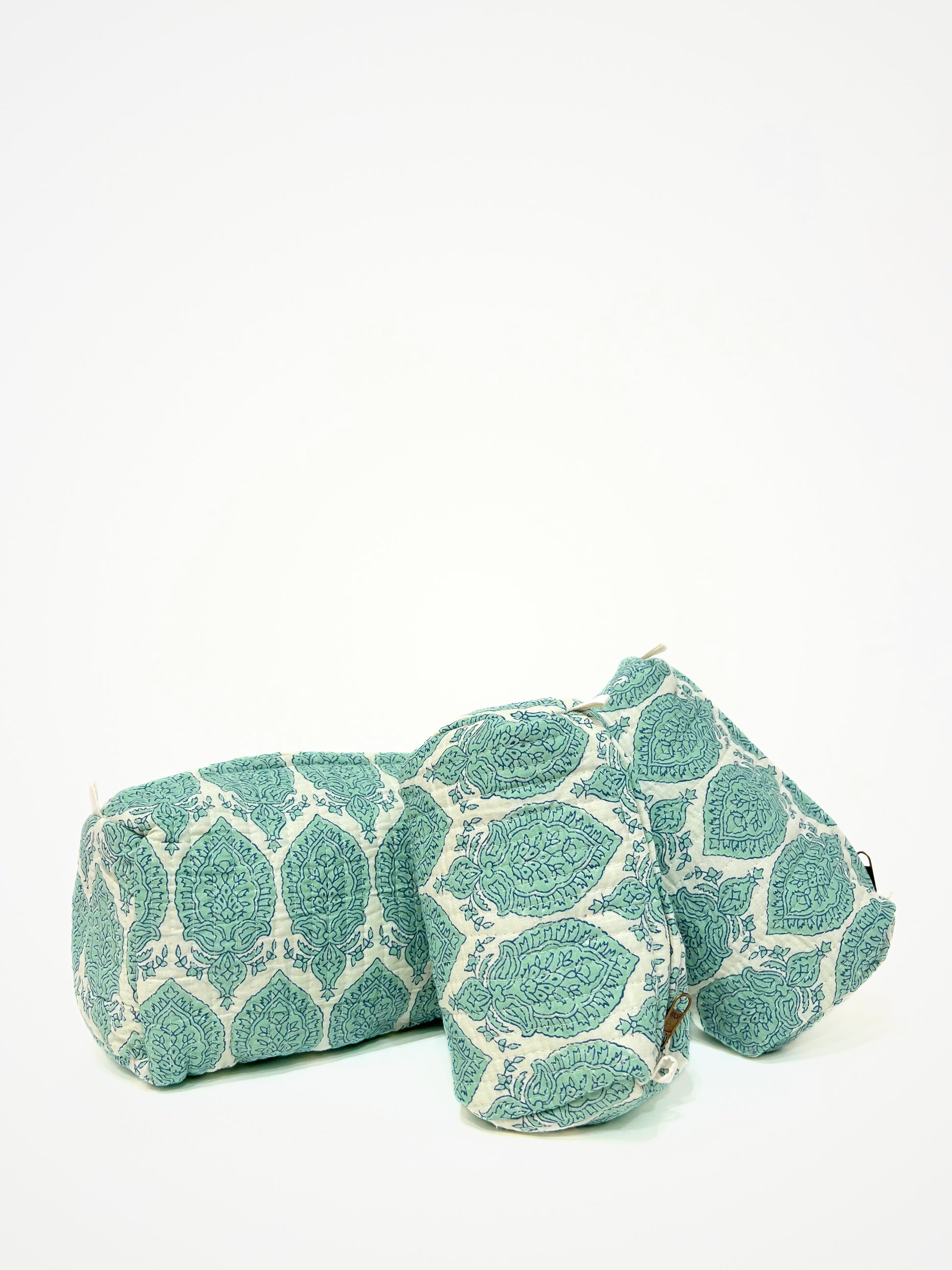 Beauty Case In Cotone Stampato Verde Acqua, Printed Cotton Water Green Beauty Case