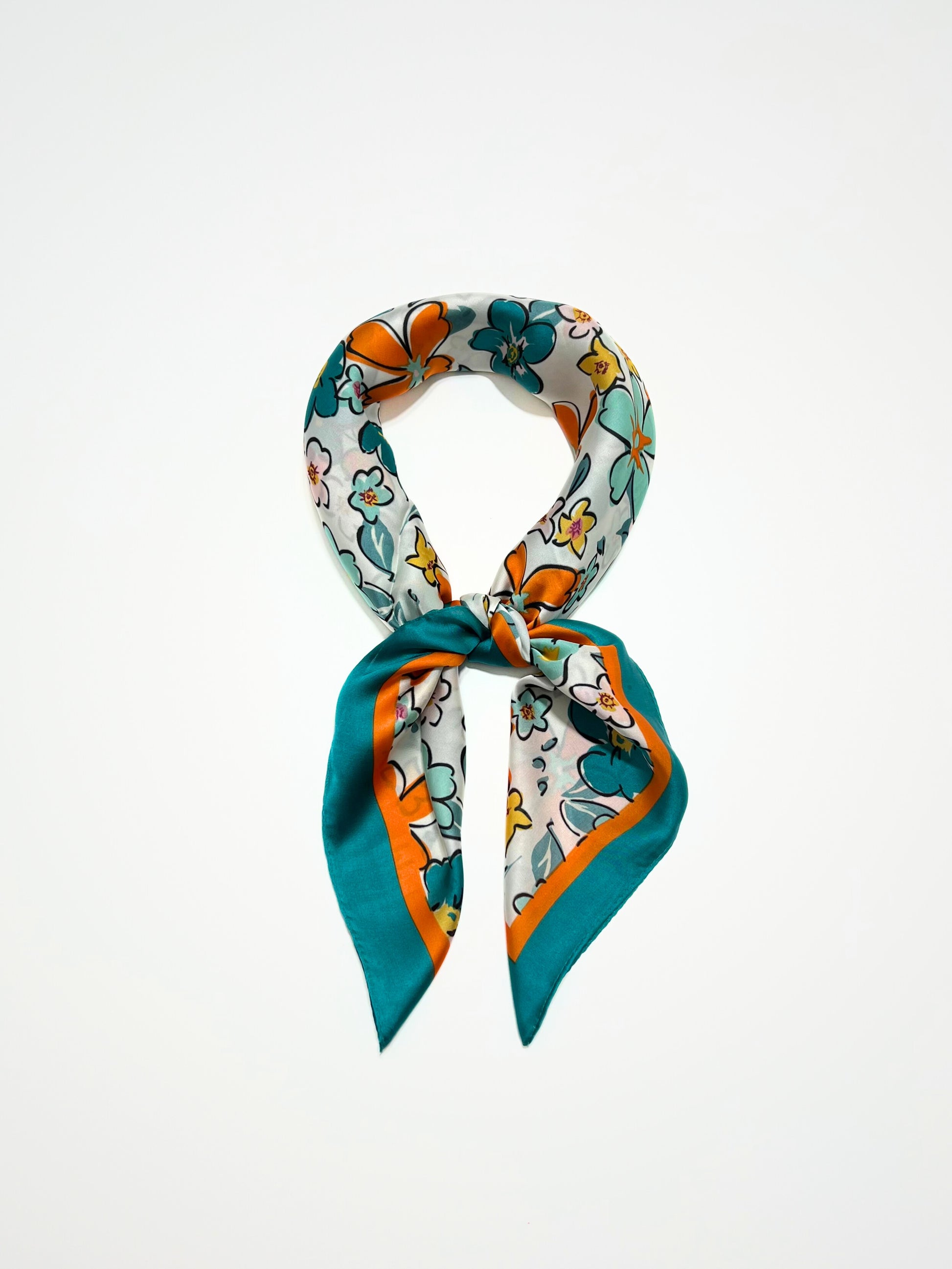 Foulard Quadrato Stampa Floreale Ottanio, Flower Print Foulard Teal