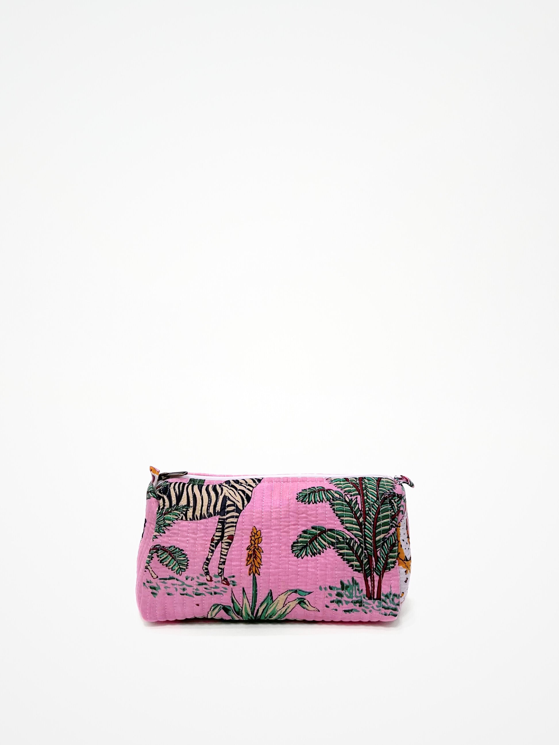 Beauty Case In Cotone Stampa Giungla Tigri Rosa, Tiger Print Cotton Pink Beauty Case