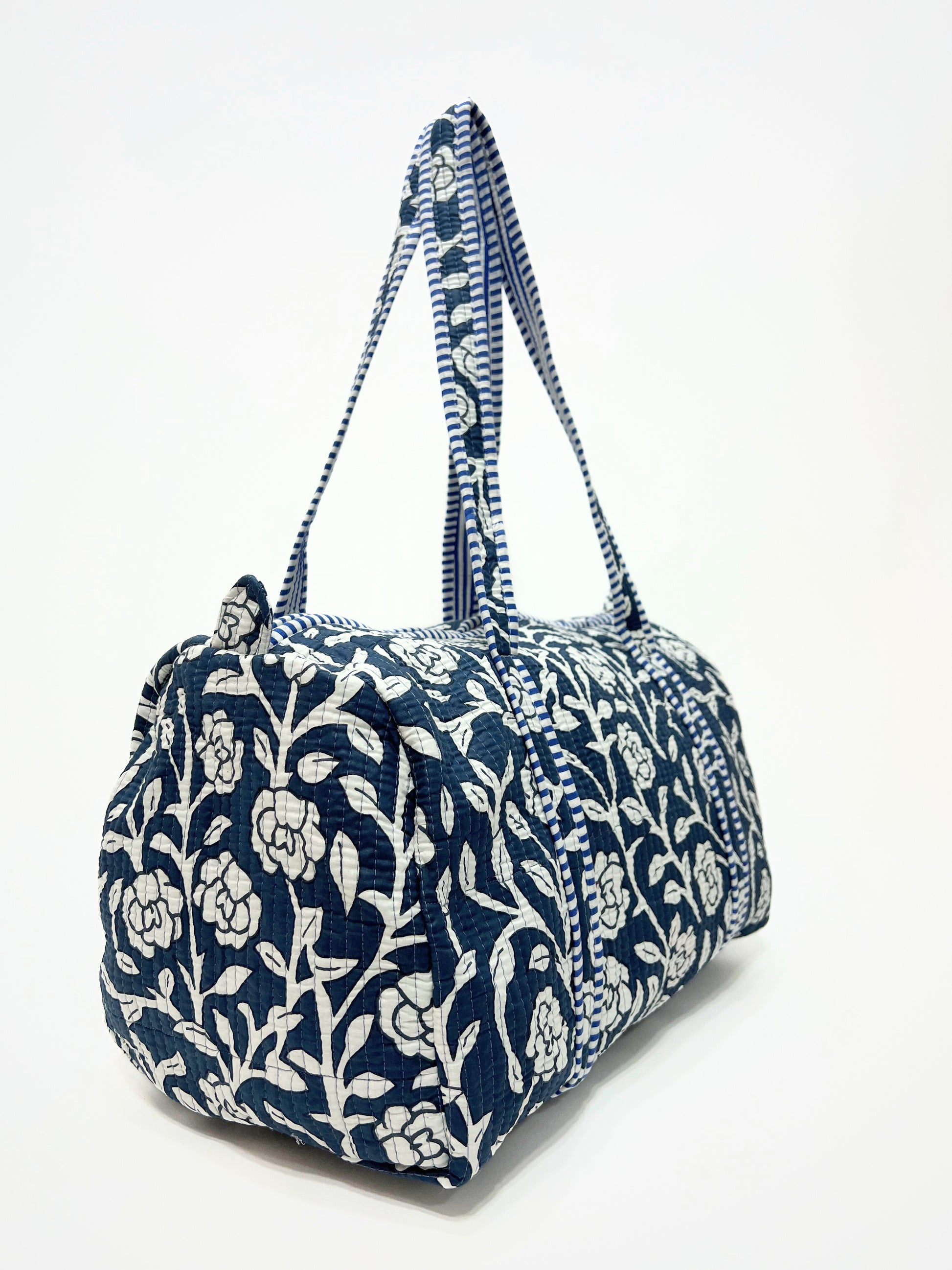 Borsa Stampata In Cotone Blu Bianco, Printed Cotton Duffle Bag Blue White