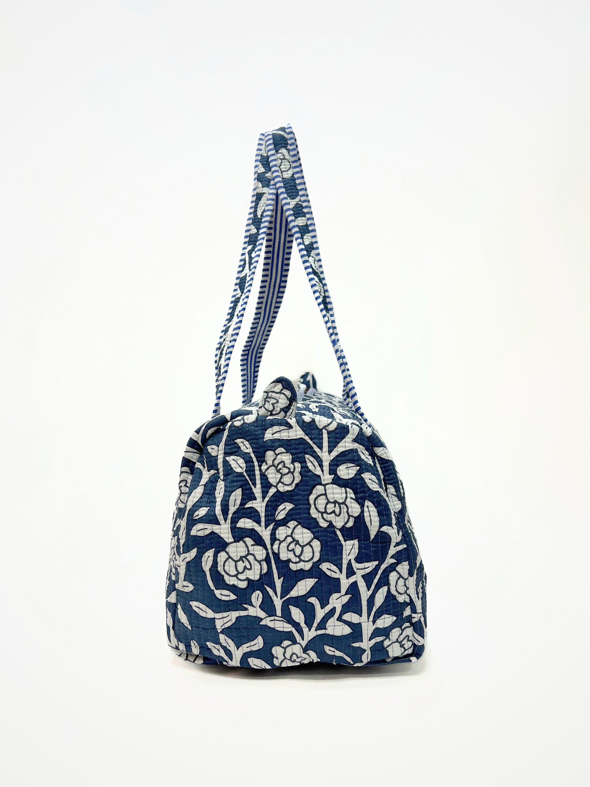 Borsa Stampata In Cotone Blu Bianco, Printed Cotton Duffle Bag Blue White