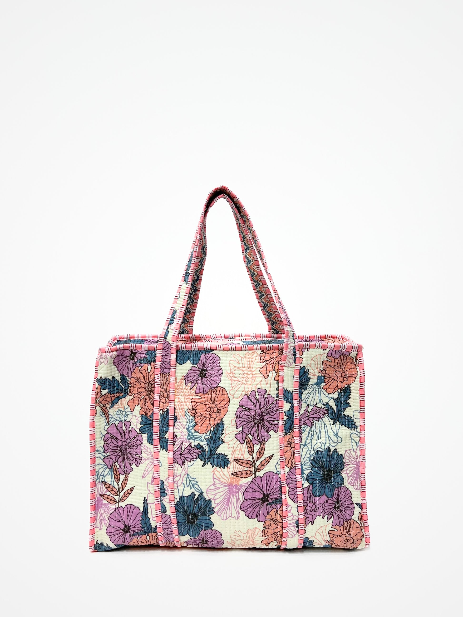 Borsa Tote Stampata Cotone Bianco Rosa, Printed Cotton Tote Bag White Pink