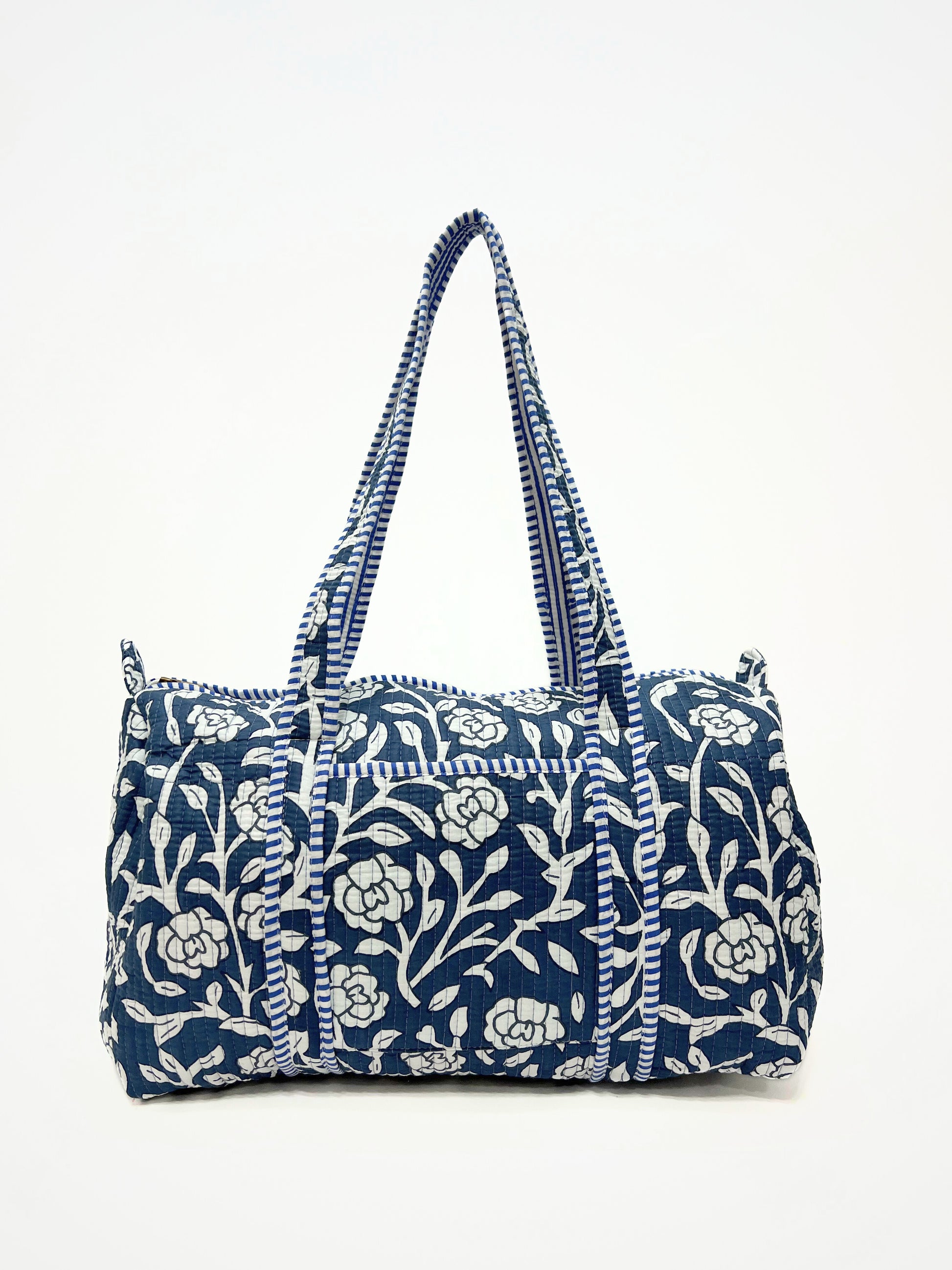 Borsa Stampata In Cotone Blu Bianco, Printed Cotton Duffle Bag Blue White