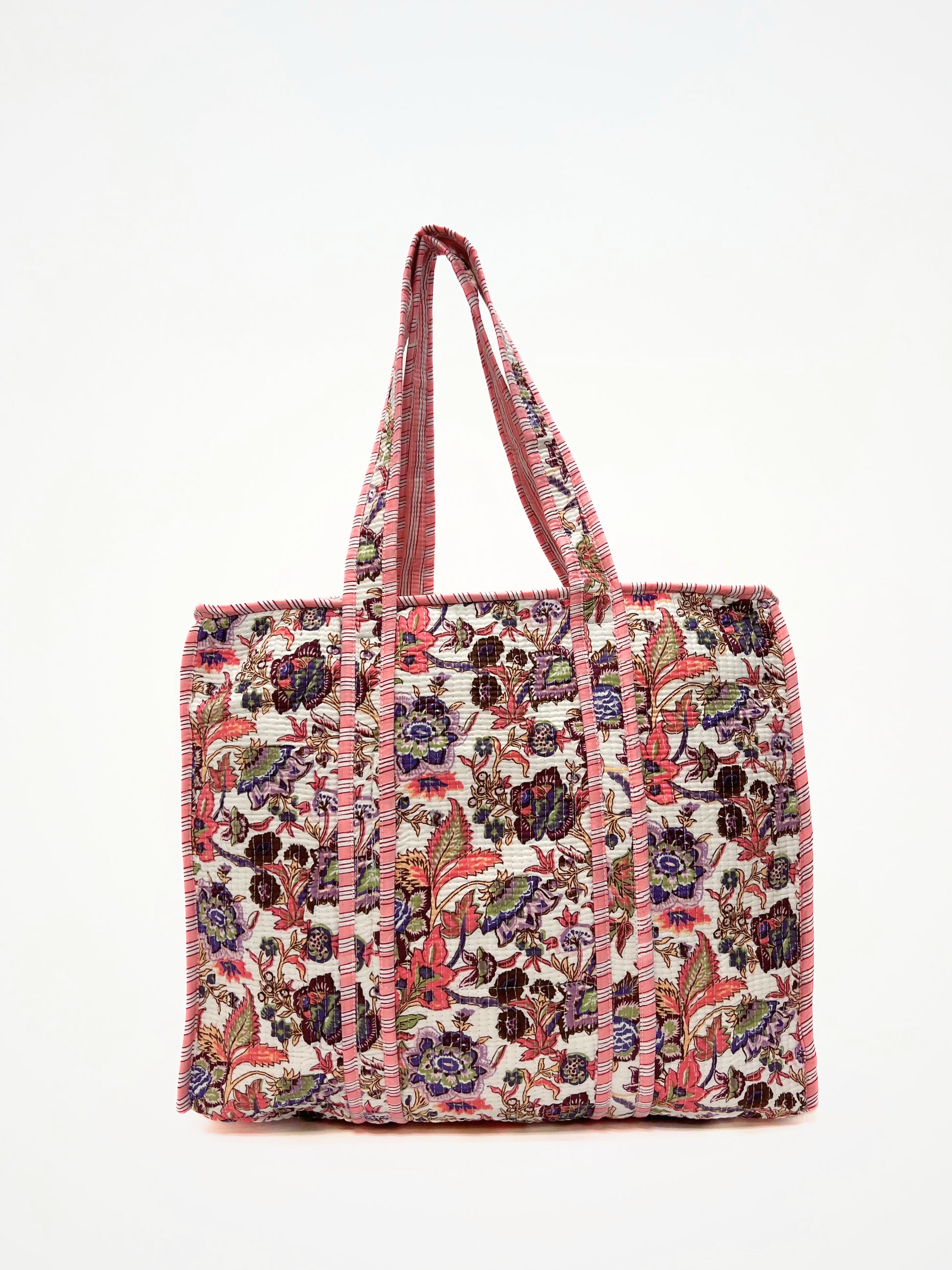 Borsa Tote Stampata Cotone Bianco Rosa, Printed Cotton Tote Bag White Pink