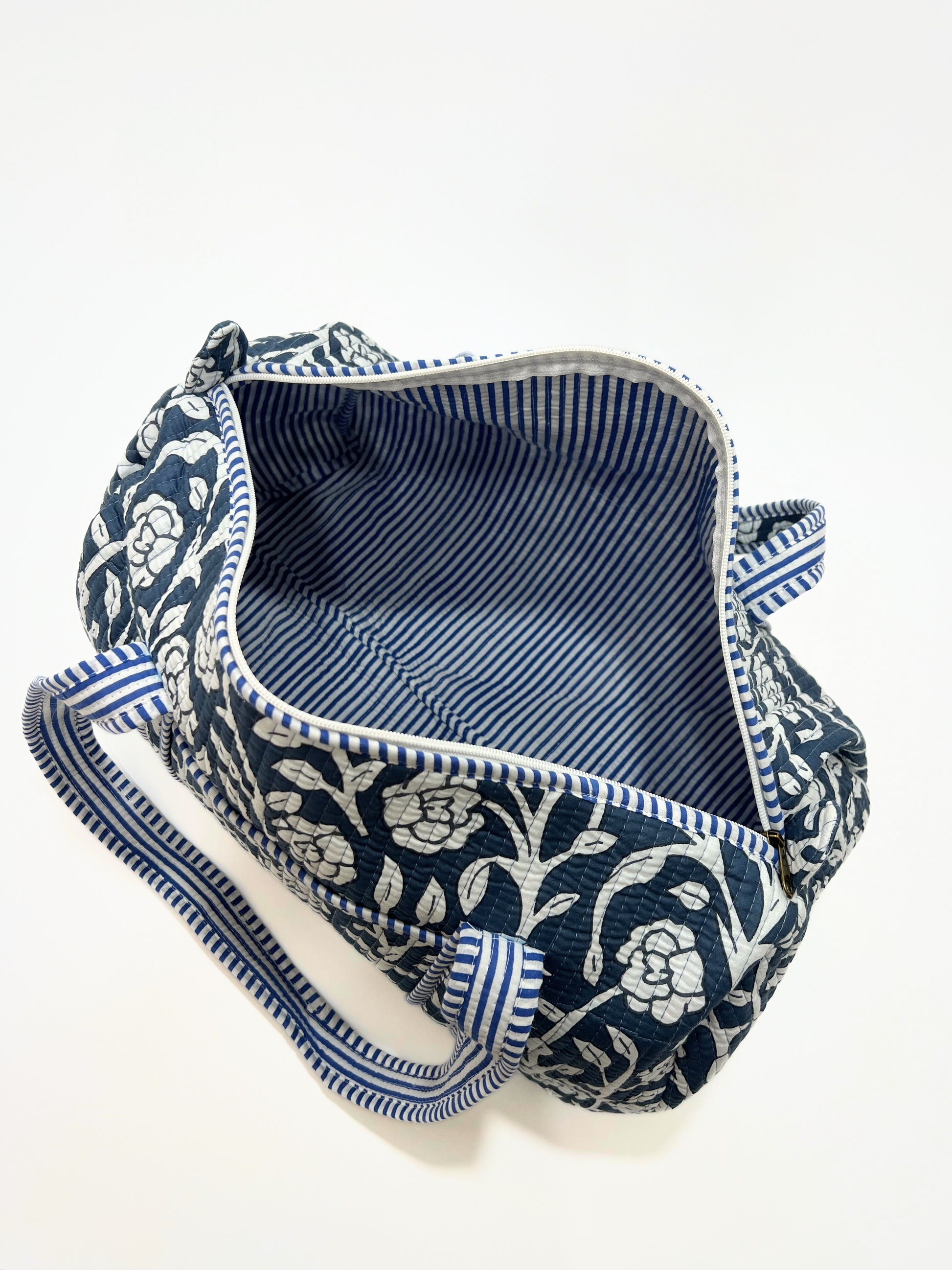 Borsa Stampata In Cotone Blu Bianco, Printed Cotton Duffle Bag Blue White